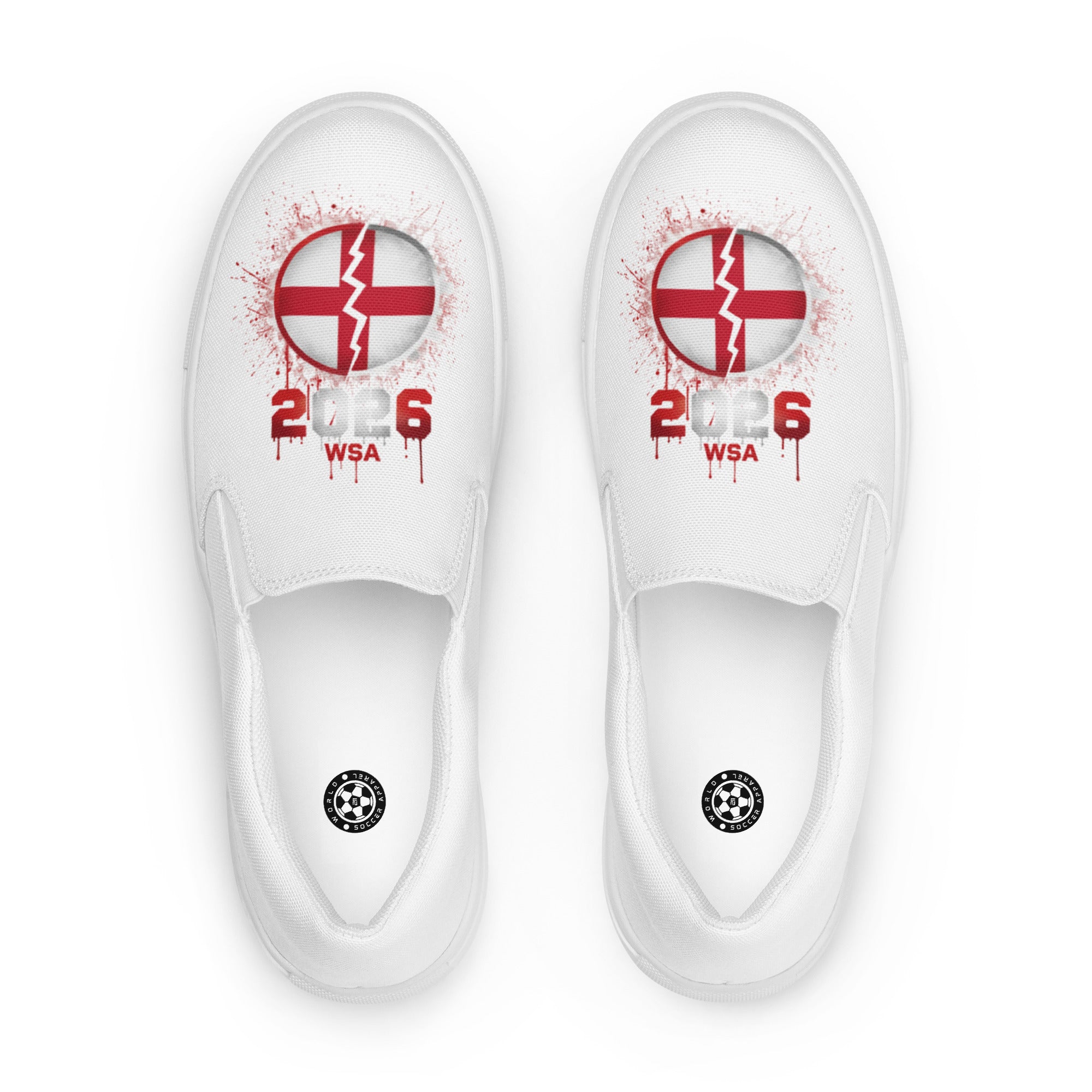 White slip-on shoes with red and white design and '2026 WSA' text on a white background