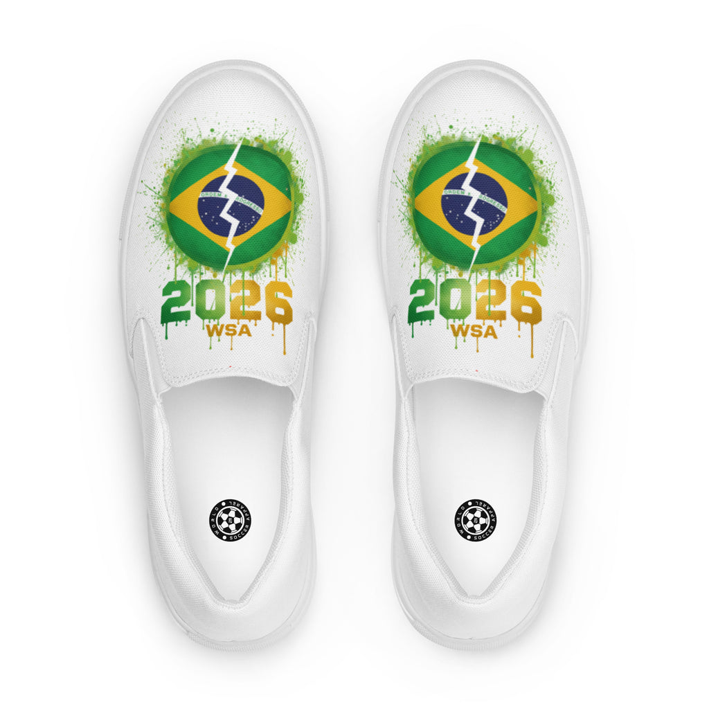 White slip-on shoes with Brazilian flag design and '2026 WSA' text on a white background