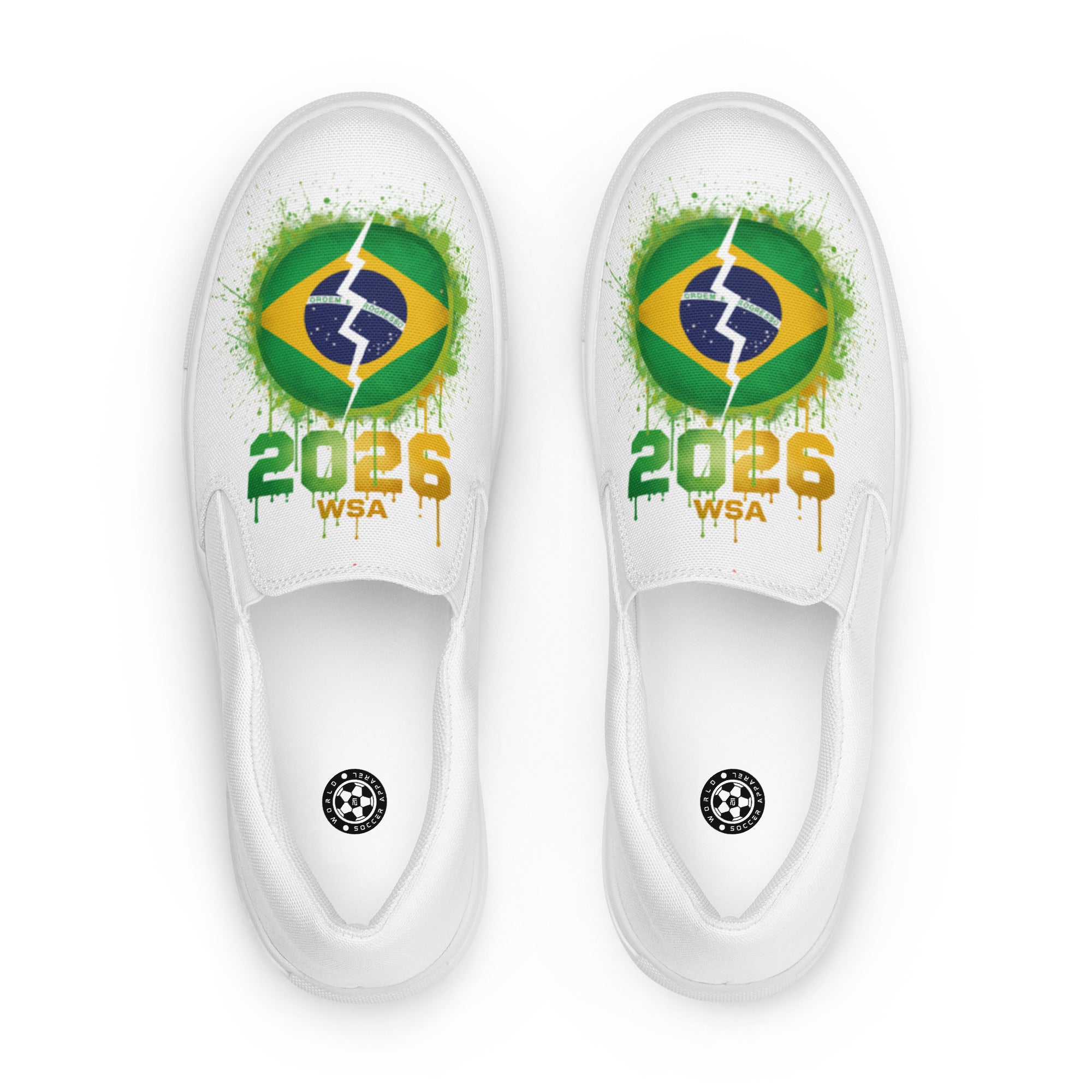 White slip-on shoes with Brazilian flag design and '2026 WSA' text on a white background