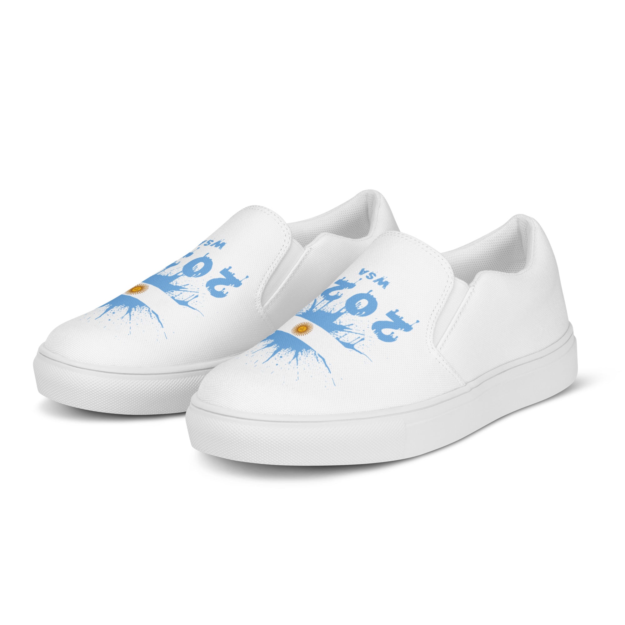 White slip-on sneakers with blue and yellow designs on a white background