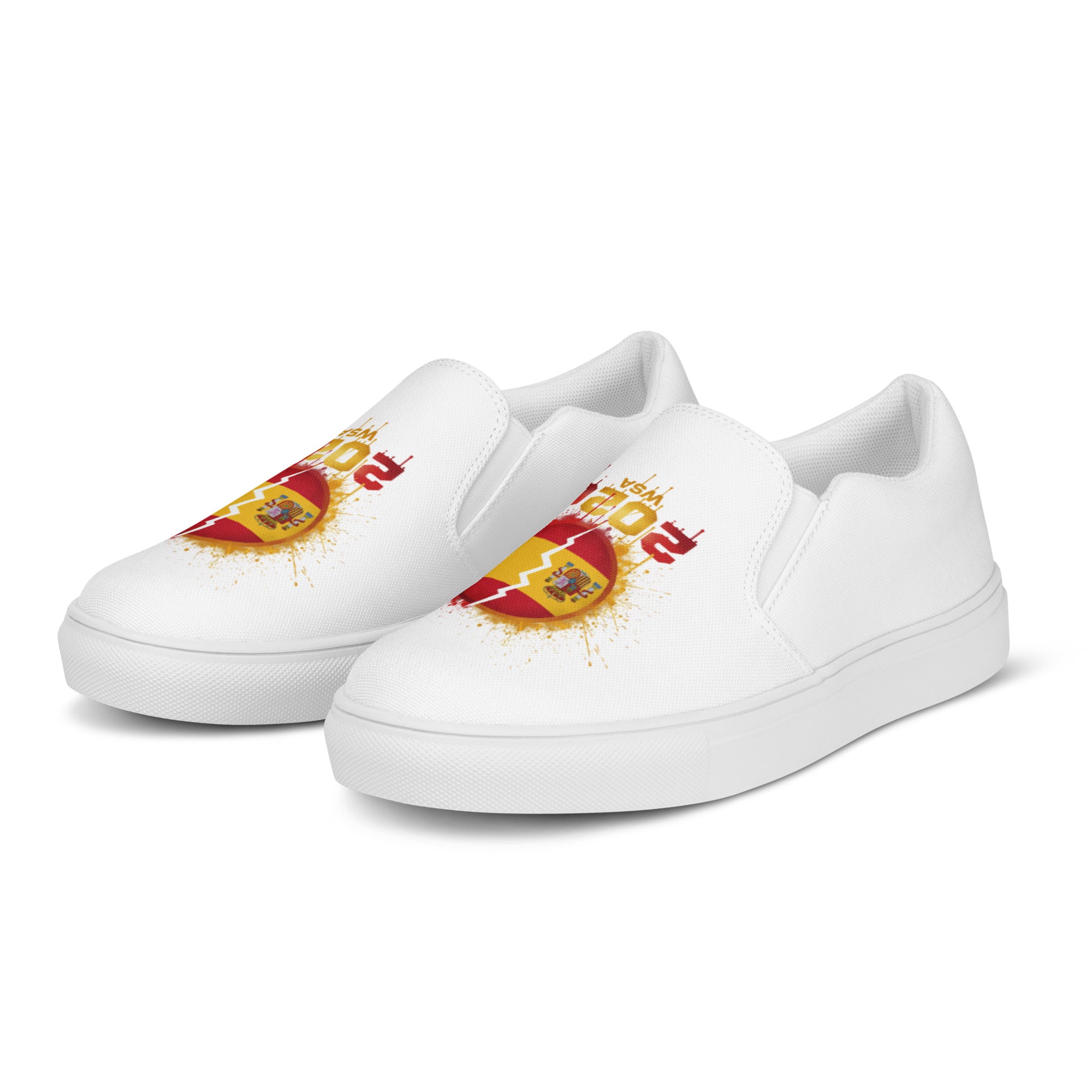 White slip-on sneakers with red and yellow designs on a white background