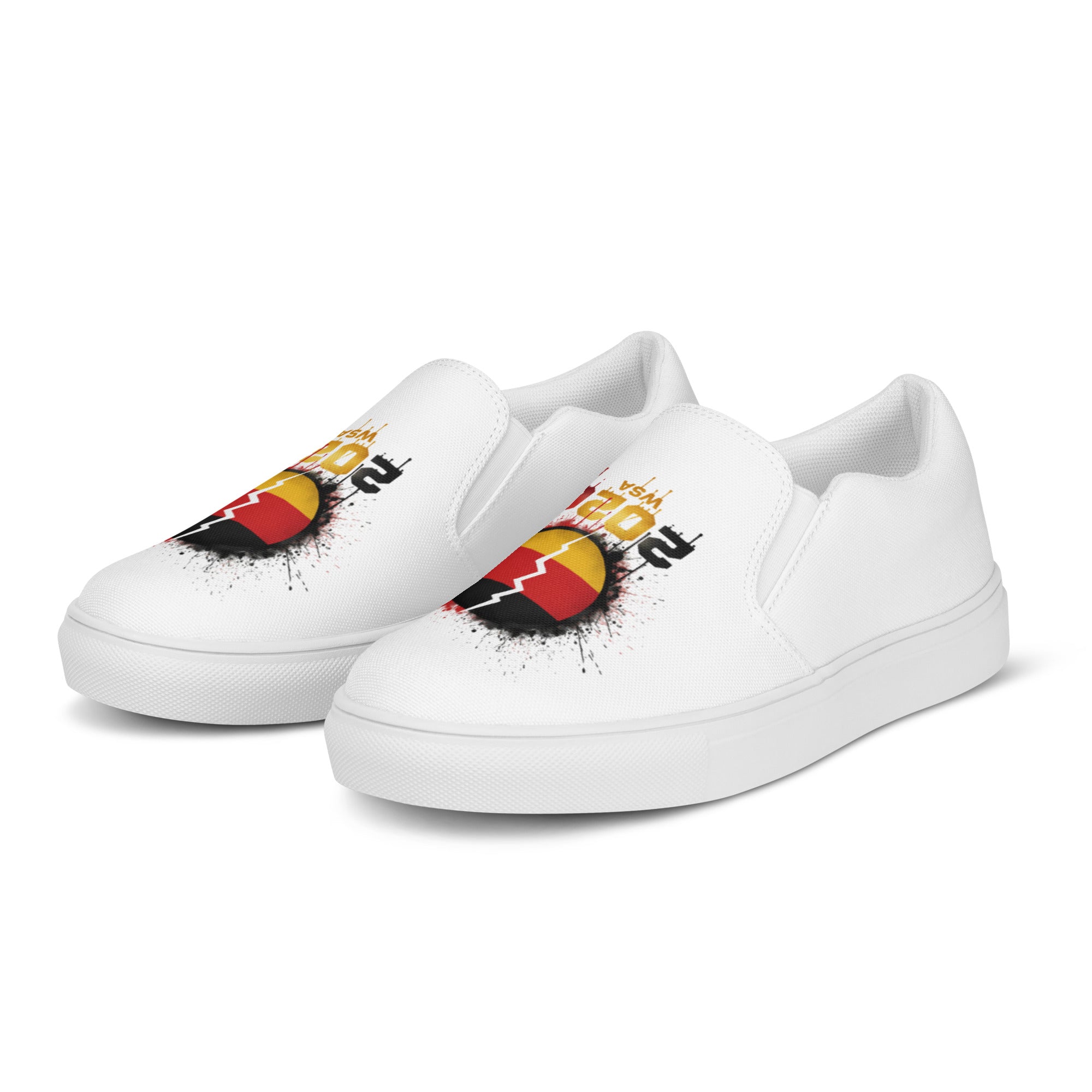 White sneakers with colorful designs on a white background