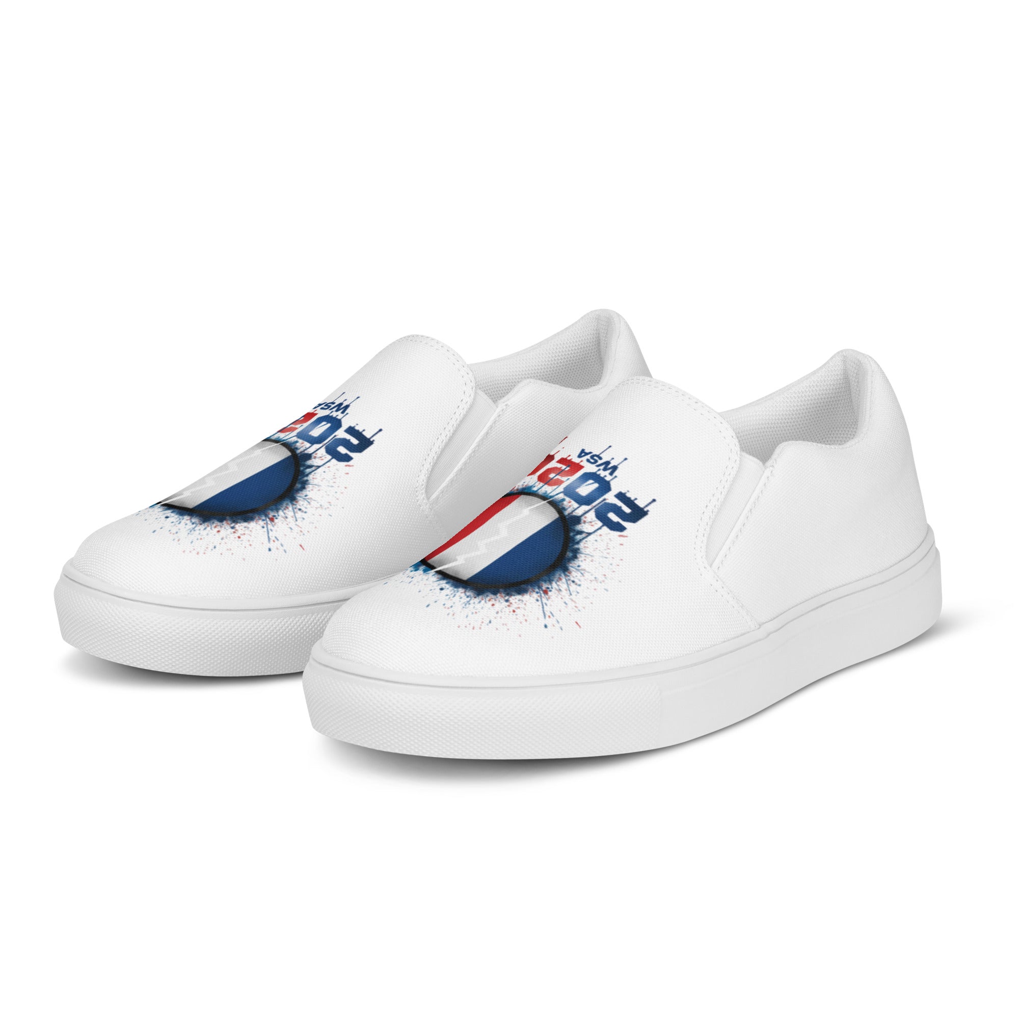 White sneakers with blue and red design on a white background