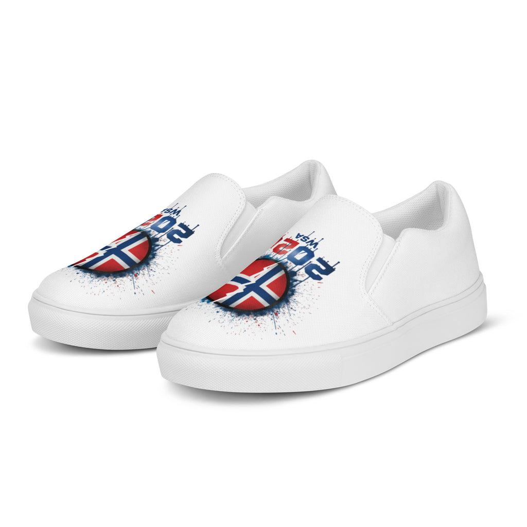 White sneakers with red, blue, and gray designs on a white background
