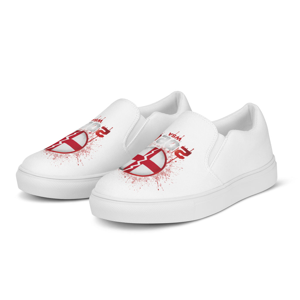 White slip-on sneakers with red graphics on a white background
