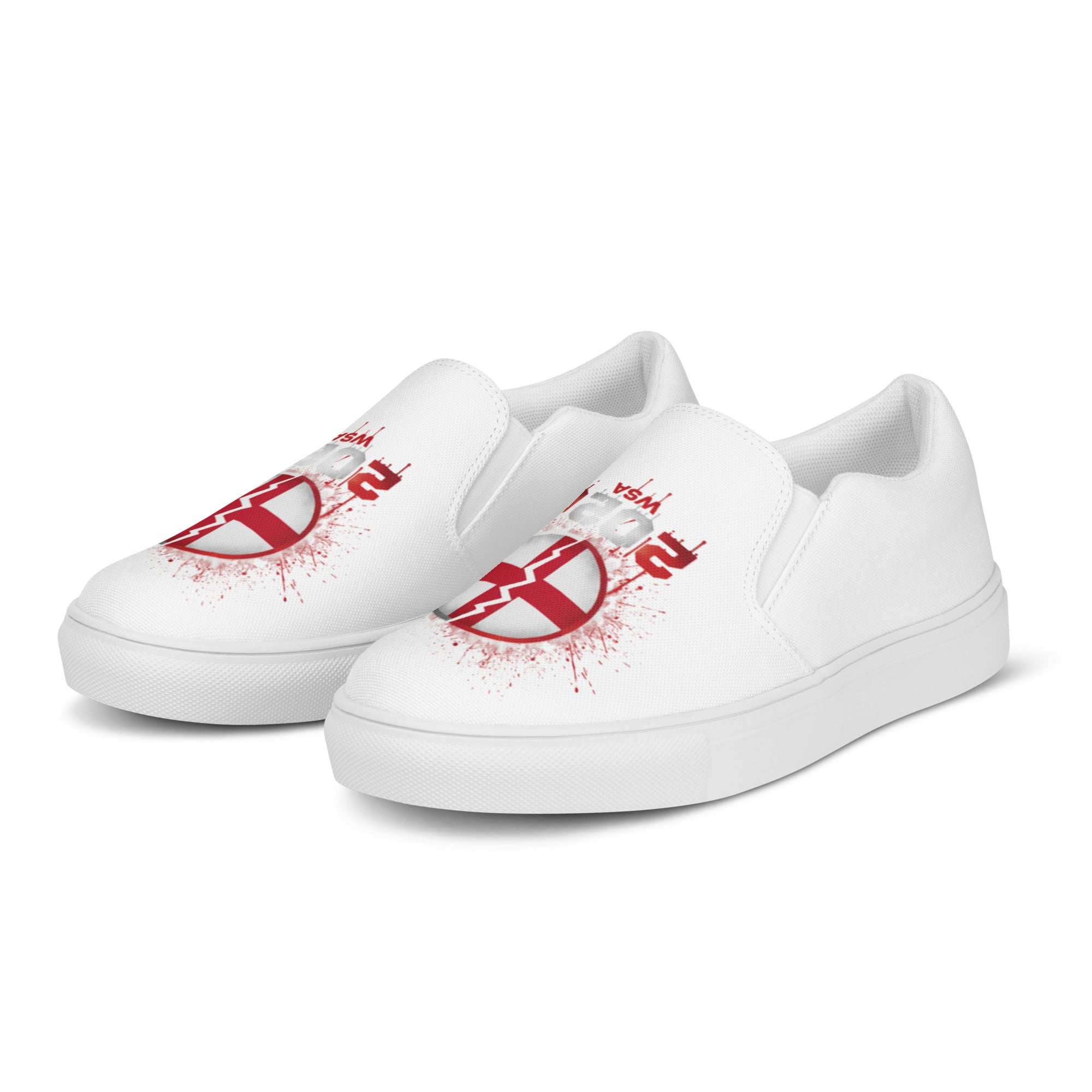 White slip-on sneakers with red graphics on a white background