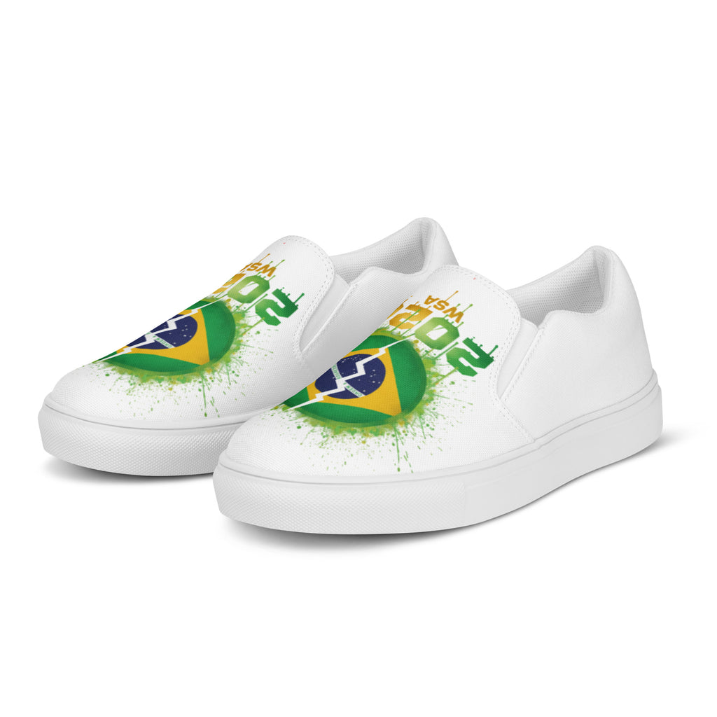 White sneakers with Brazilian flag design on a white background