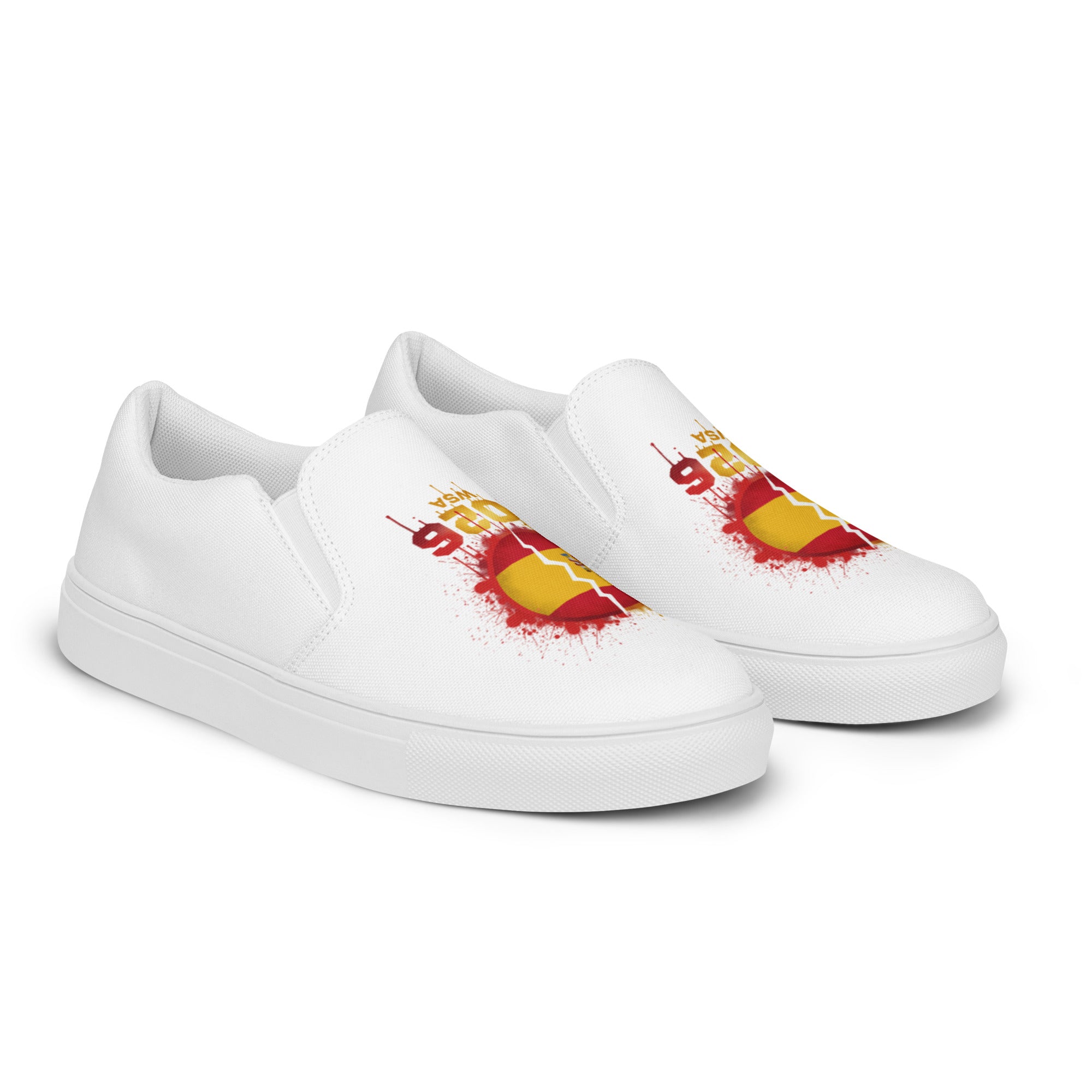 White slip-on sneakers with colorful graphic design on a white background
