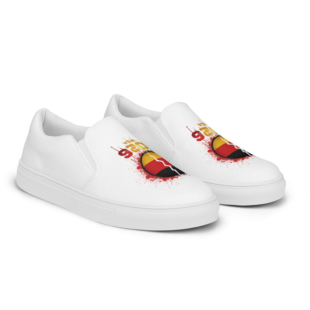 White slip-on sneakers with a colorful design on a white background