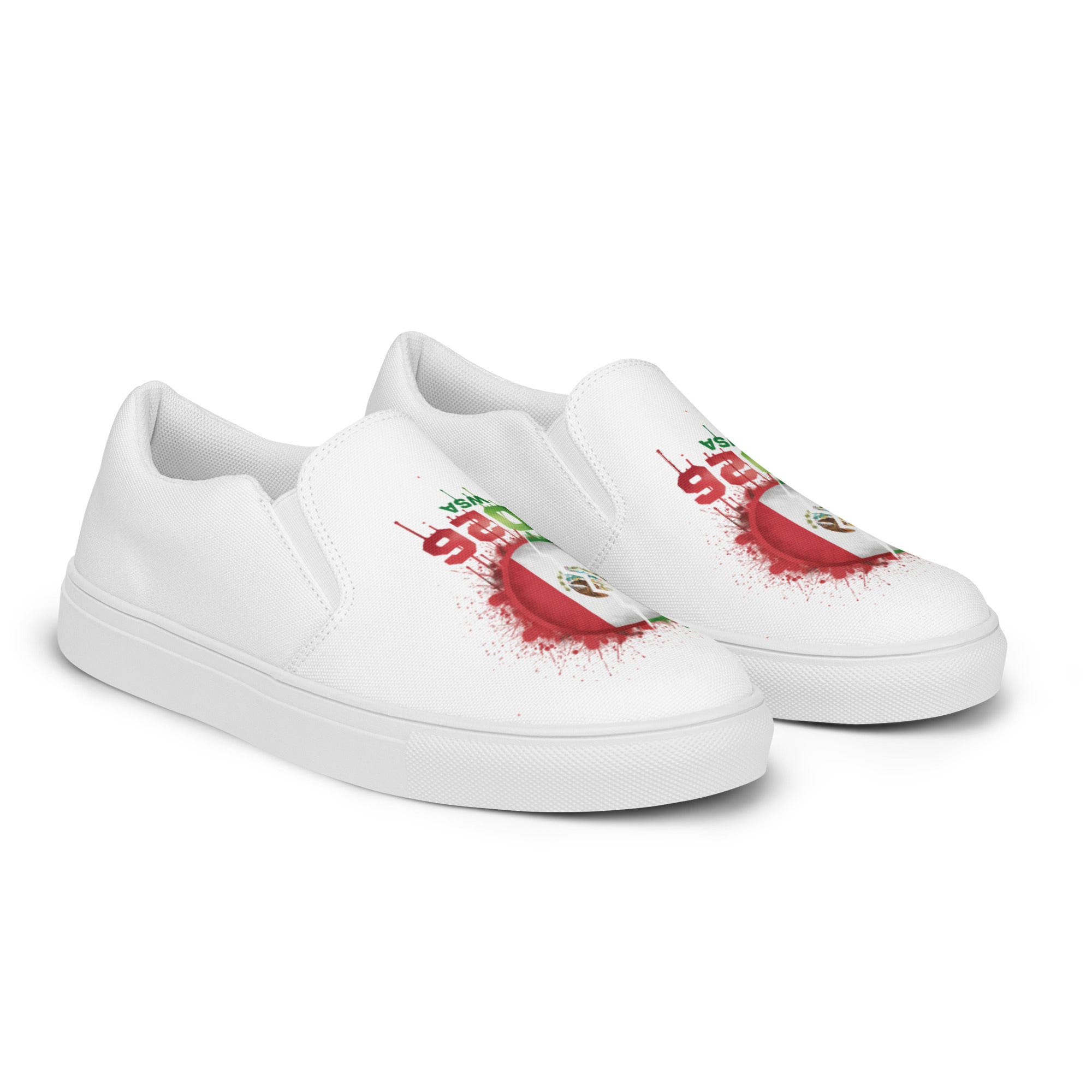 White slip-on sneakers with red and green designs on a white background