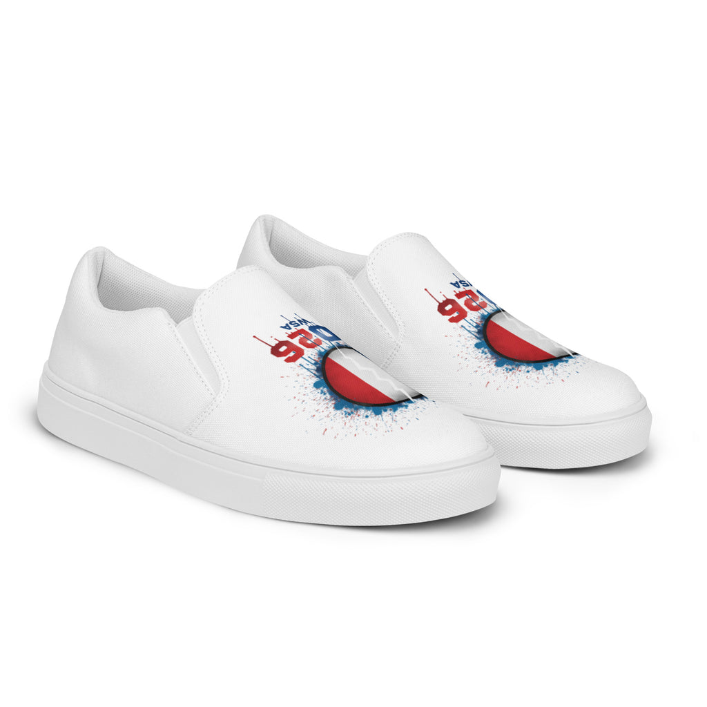 White slip-on sneakers with colorful designs on a white background