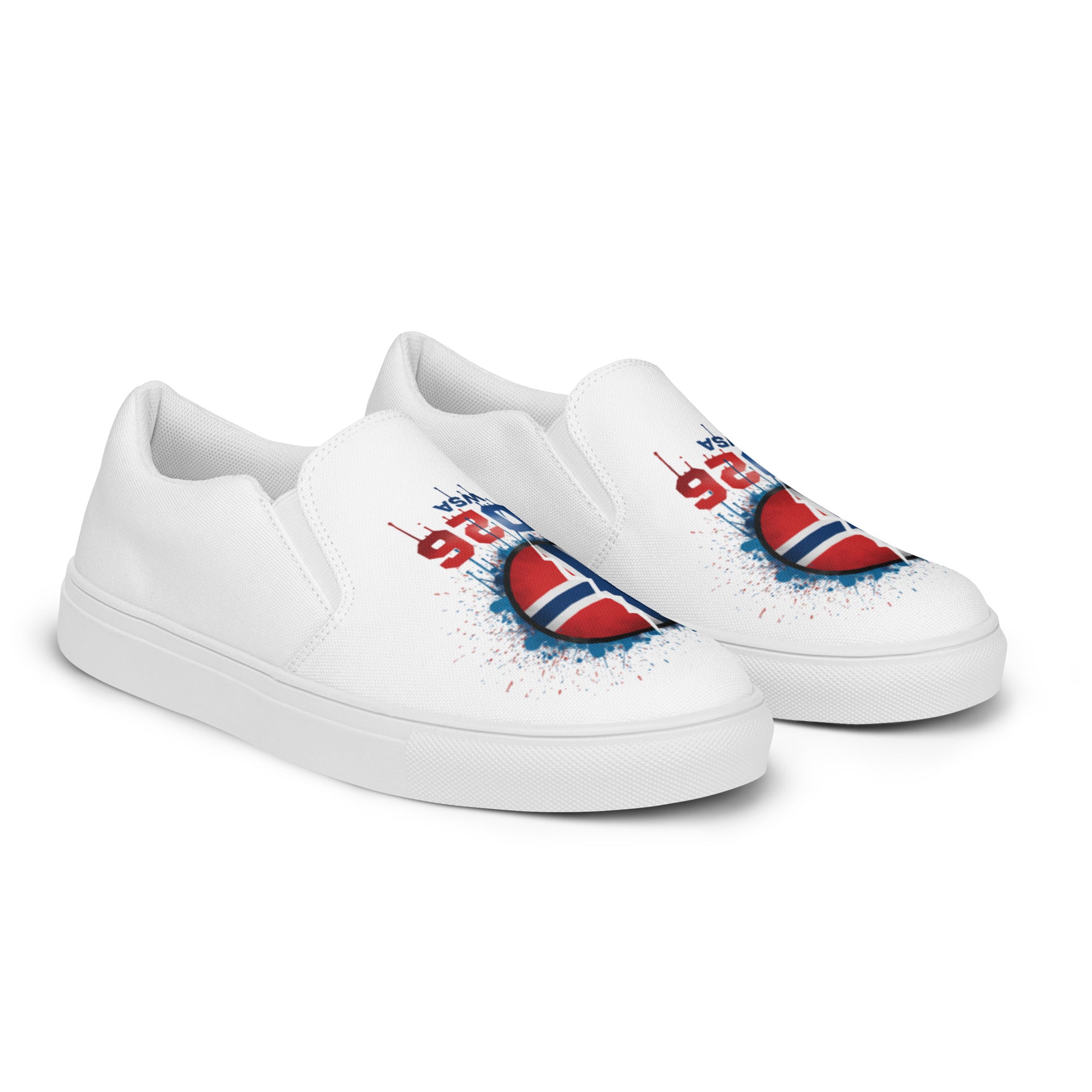 White sneakers with a colorful design on a white background