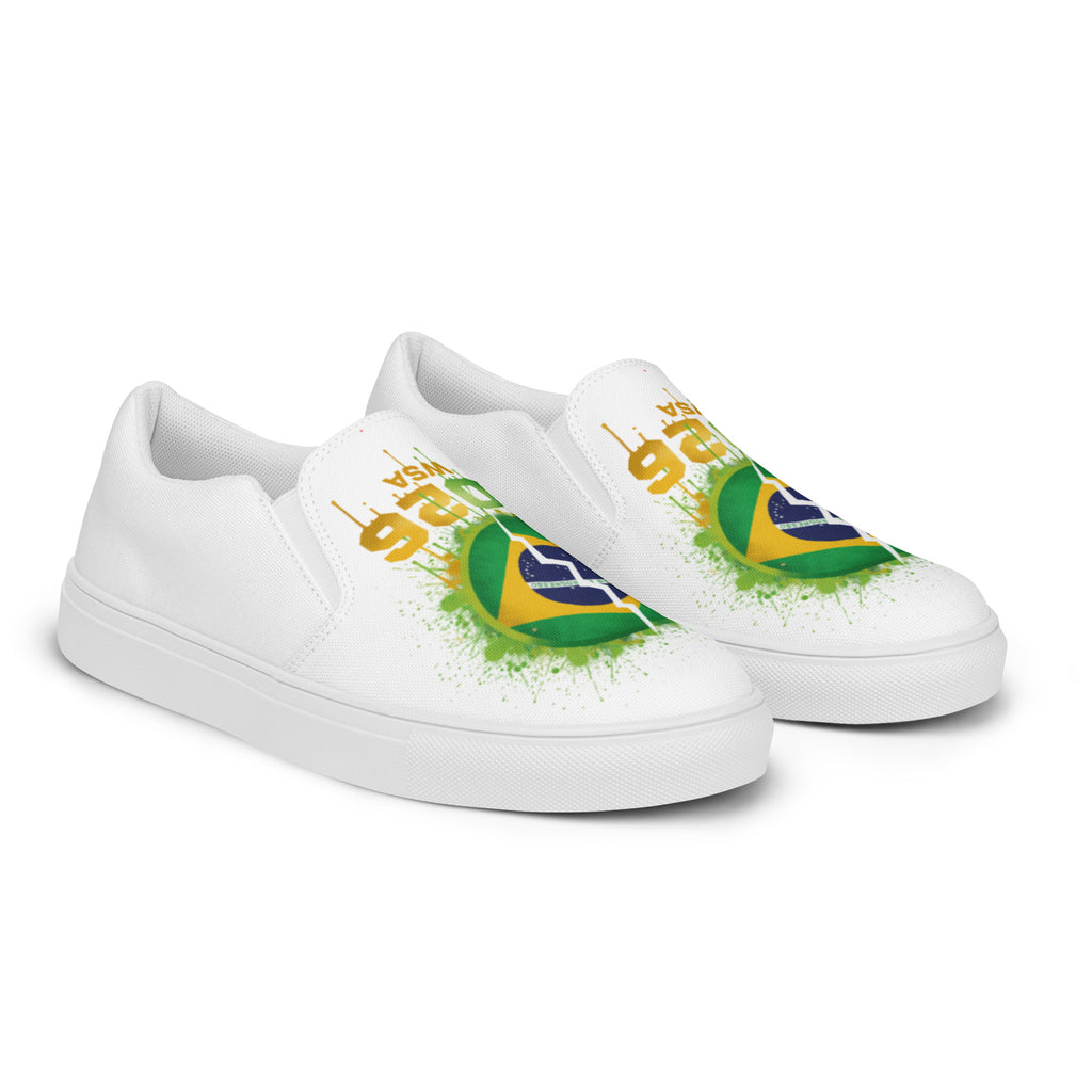 White sneakers with Brazilian flag design on a white background
