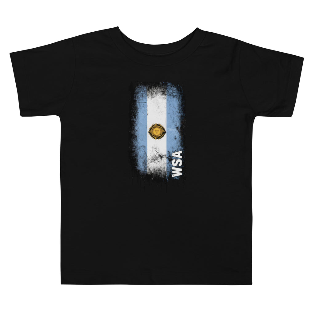 Black t-shirt with a distressed Argentina flag design and 'WSA' text on a white background