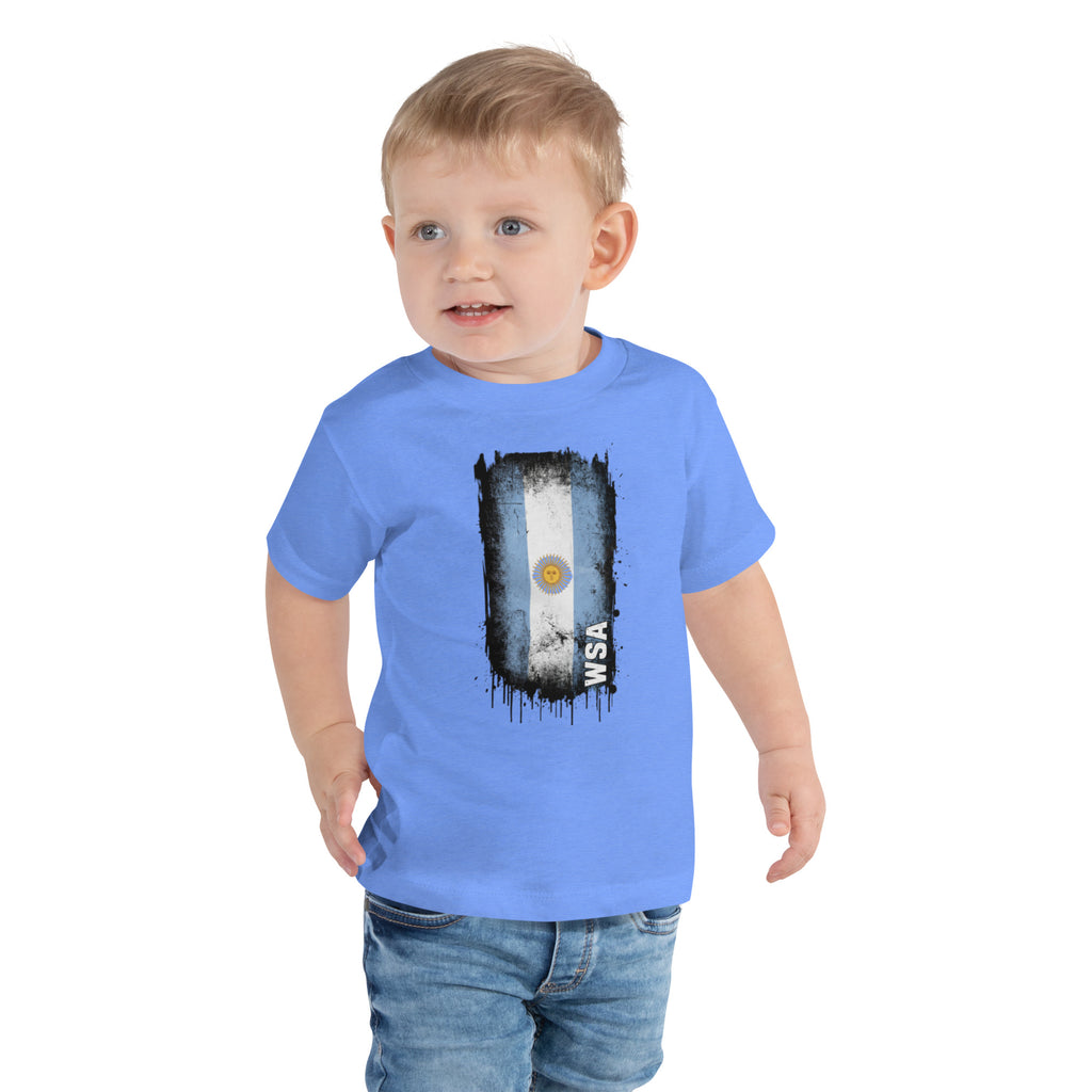 Child wearing a blue t-shirt with a flag design on a white background