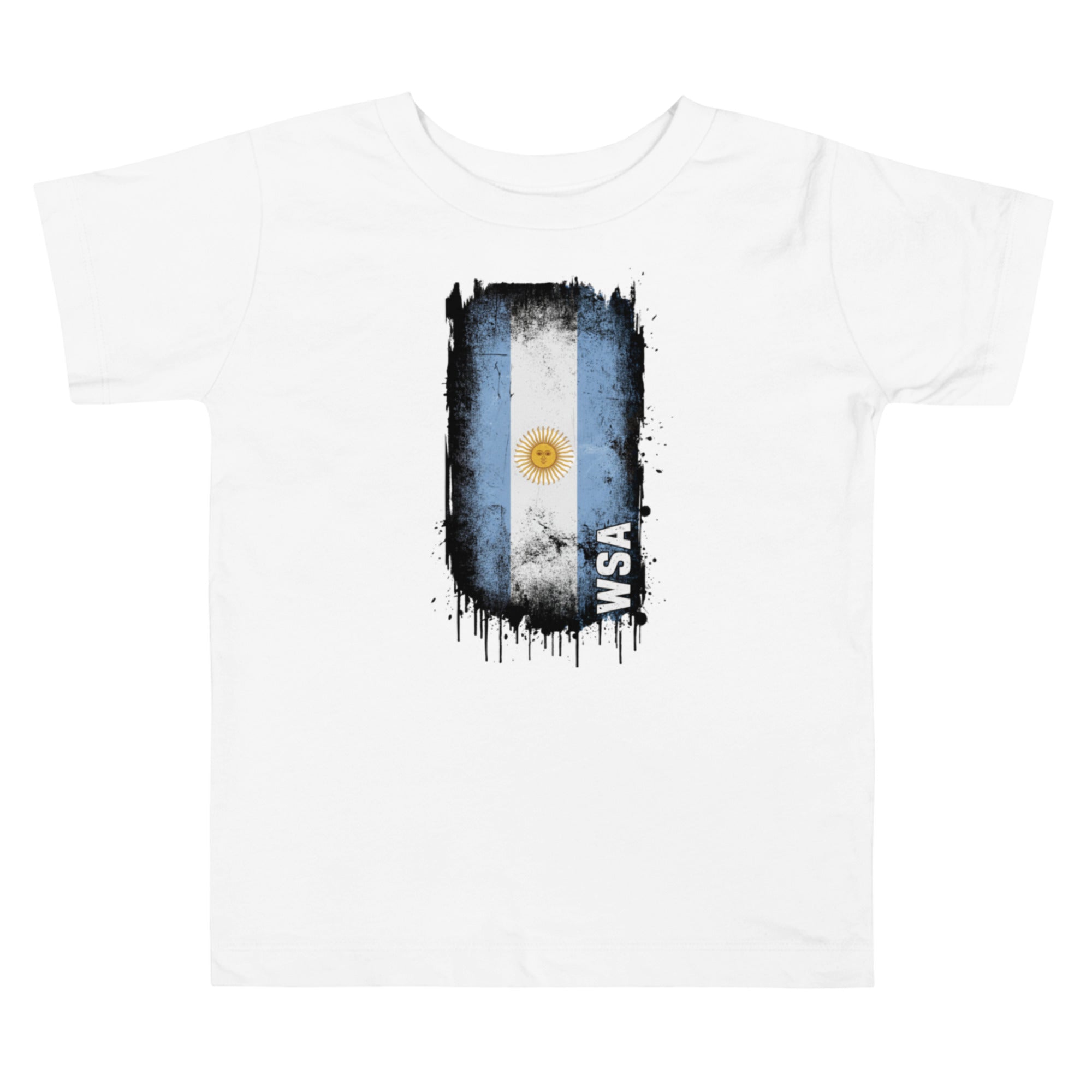 White t-shirt with a graphic of the Argentine flag and 'WSA' text on a white background