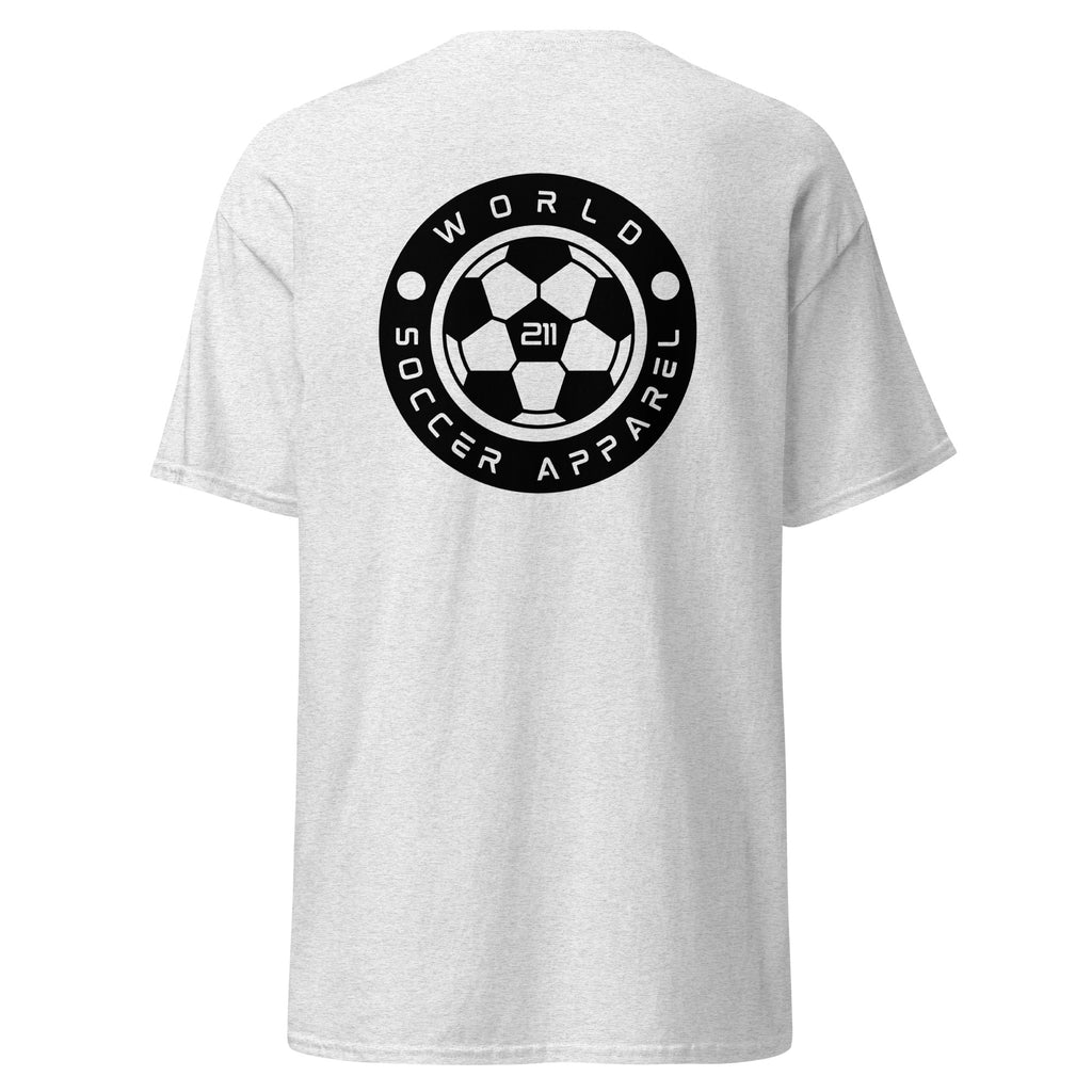 White t-shirt with World Soccer Apparel logo on the back against a white background