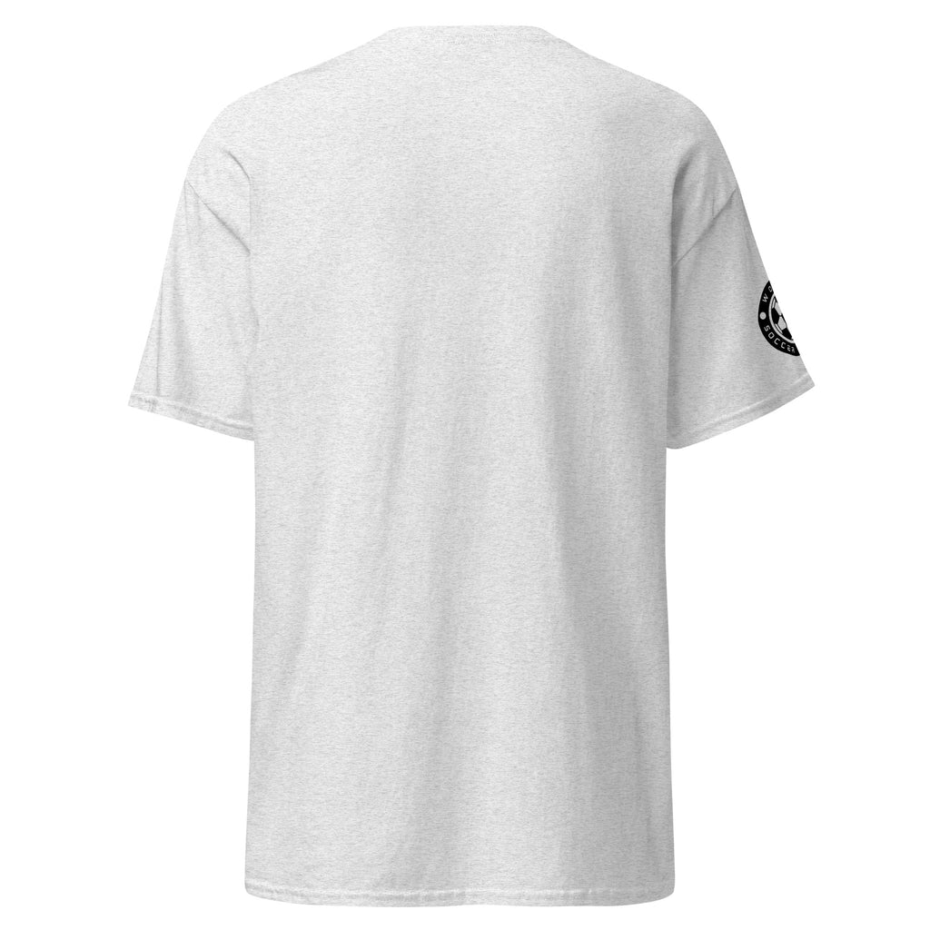 White t-shirt with a logo on the sleeve against a white background