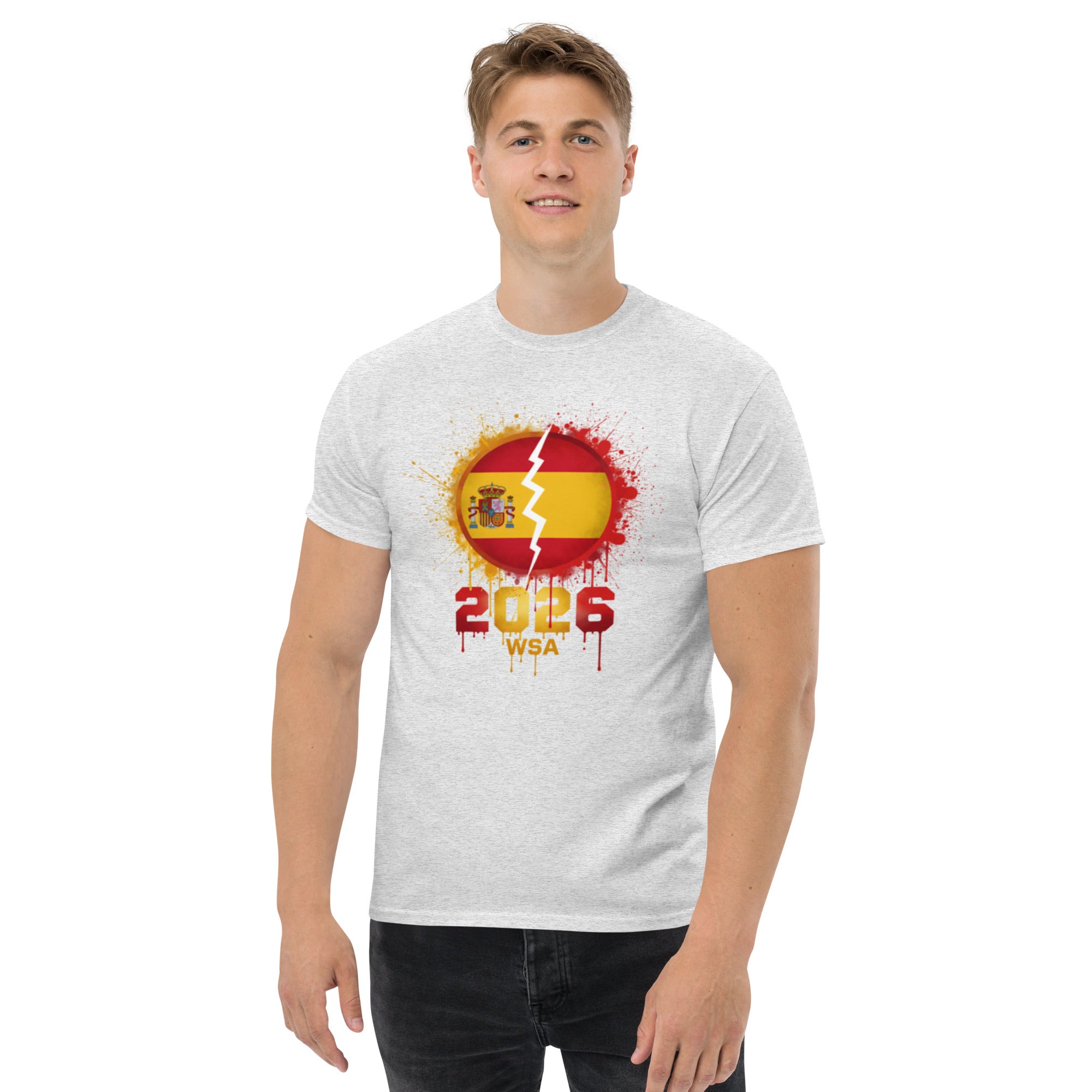 Person wearing a white t-shirt with a graphic design featuring a flag and '2026 WSA' text on a white background