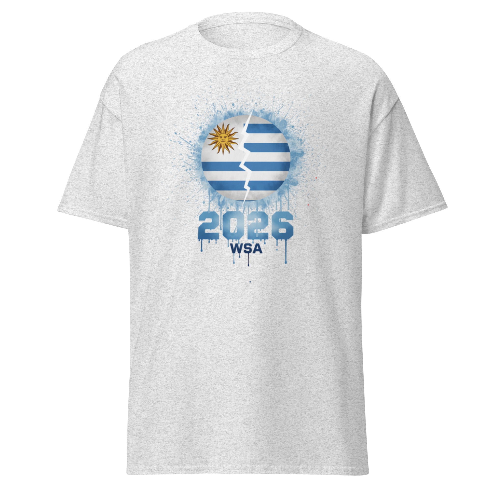 White t-shirt with Uruguay flag design and '2026 WSA' text on a white background