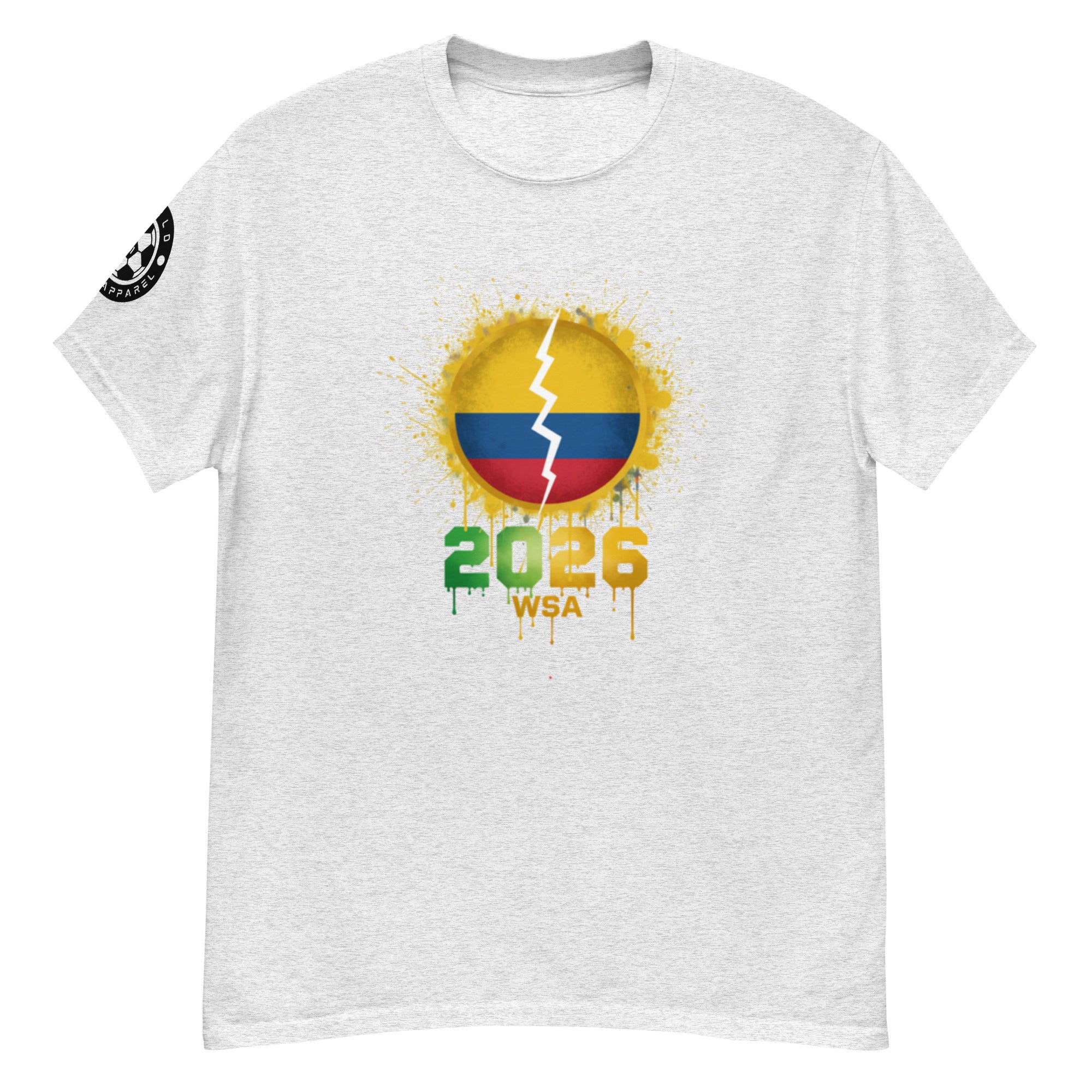 Gray t-shirt with a colorful graphic design featuring the number 2026 and text on a white background