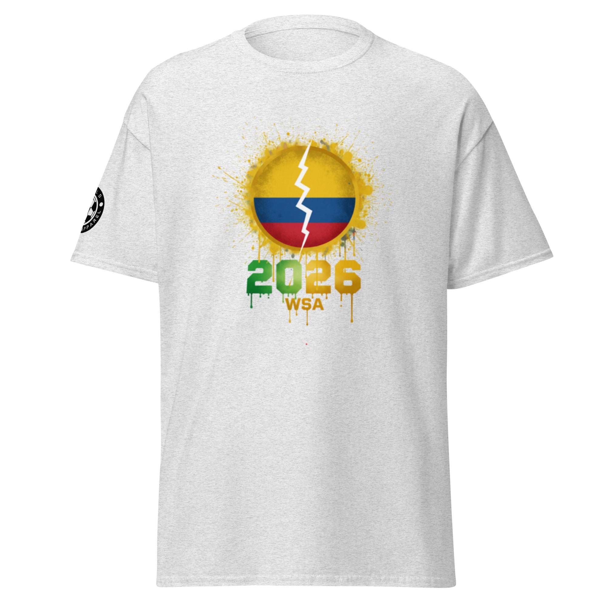 White t-shirt with a colorful graphic design on a white background