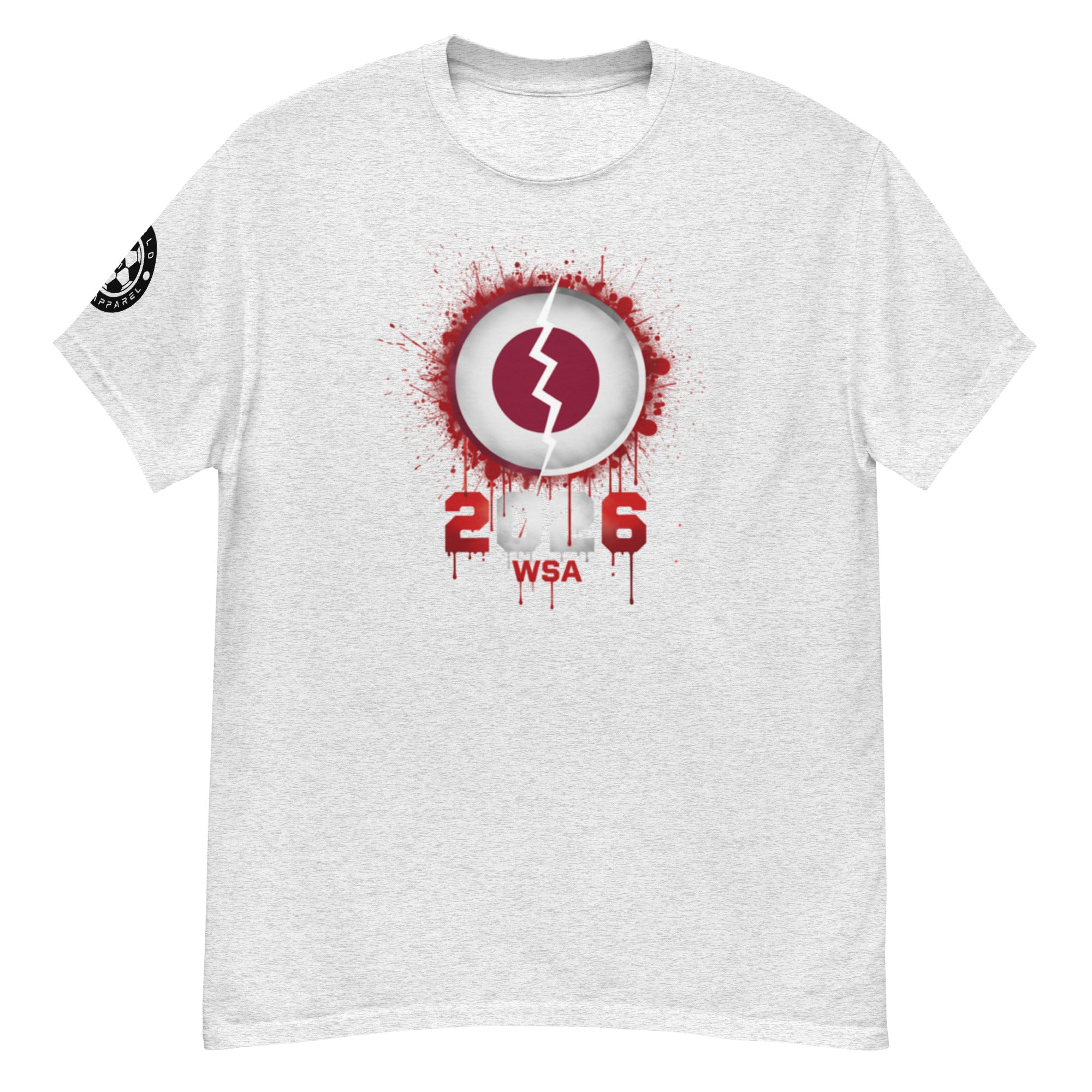 Gray t-shirt with a red and white graphic design on a white background
