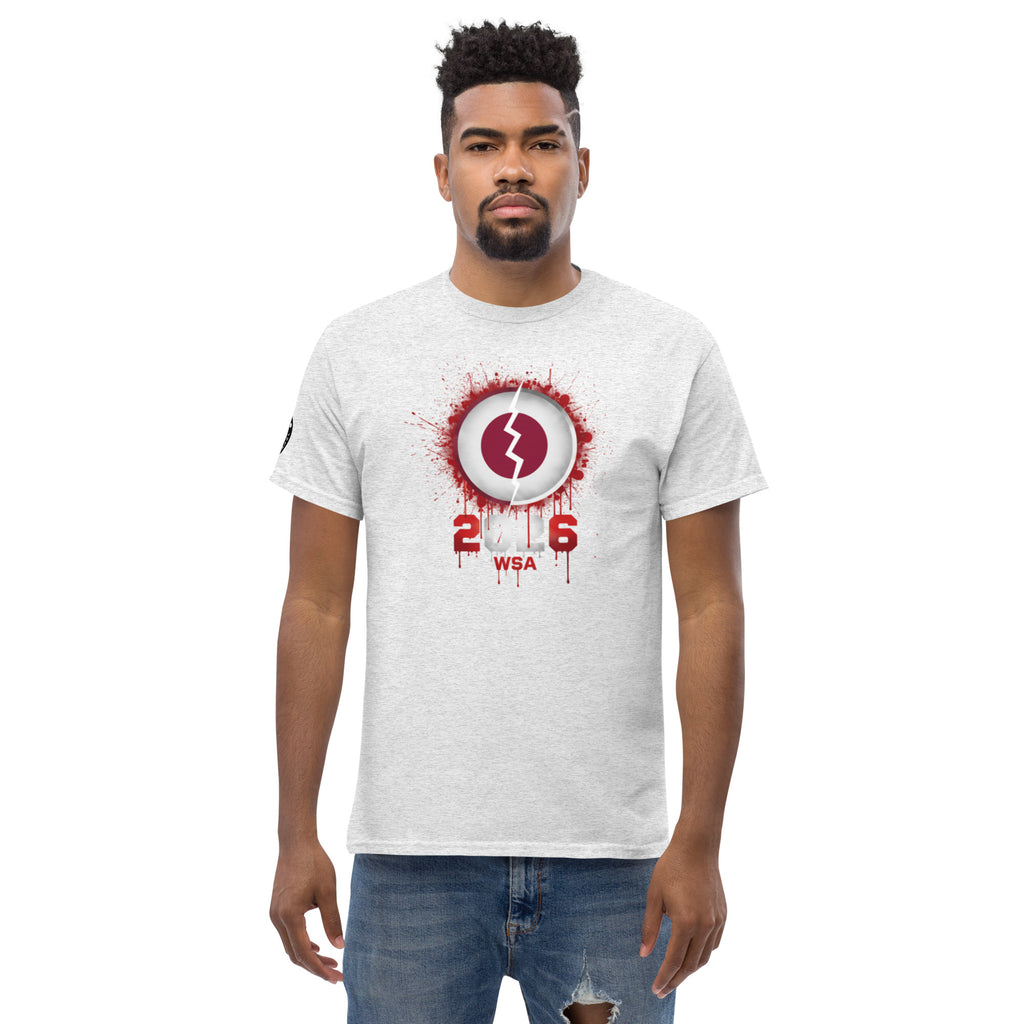 Man wearing a white t-shirt with a red and black graphic design on a white background