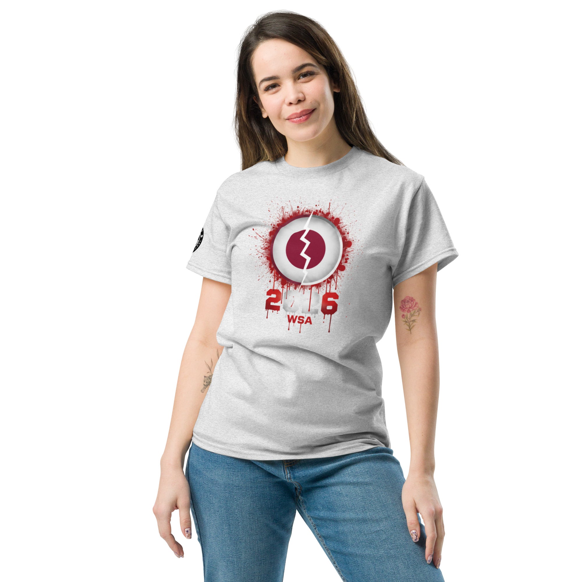 Woman wearing a white t-shirt with a red and black design on a white background