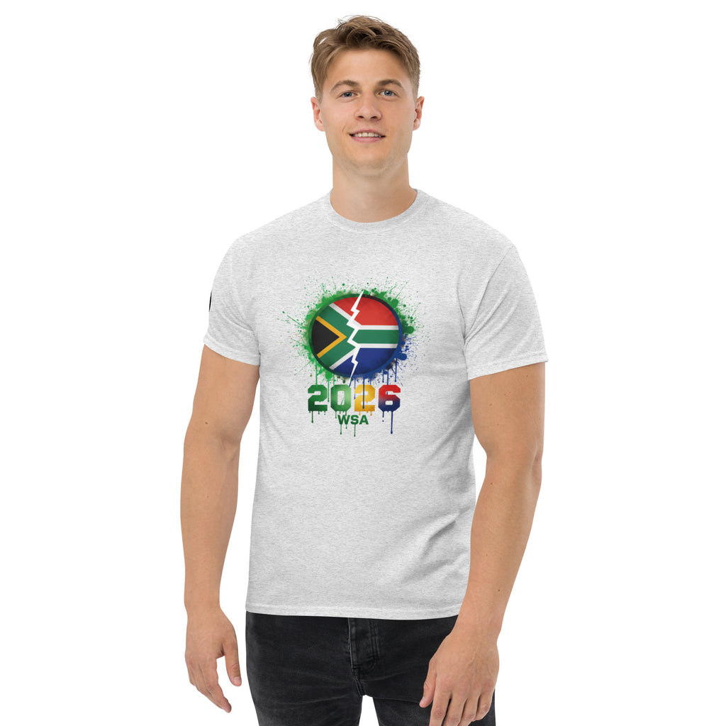 Person wearing a white t-shirt with a colorful design on a white background