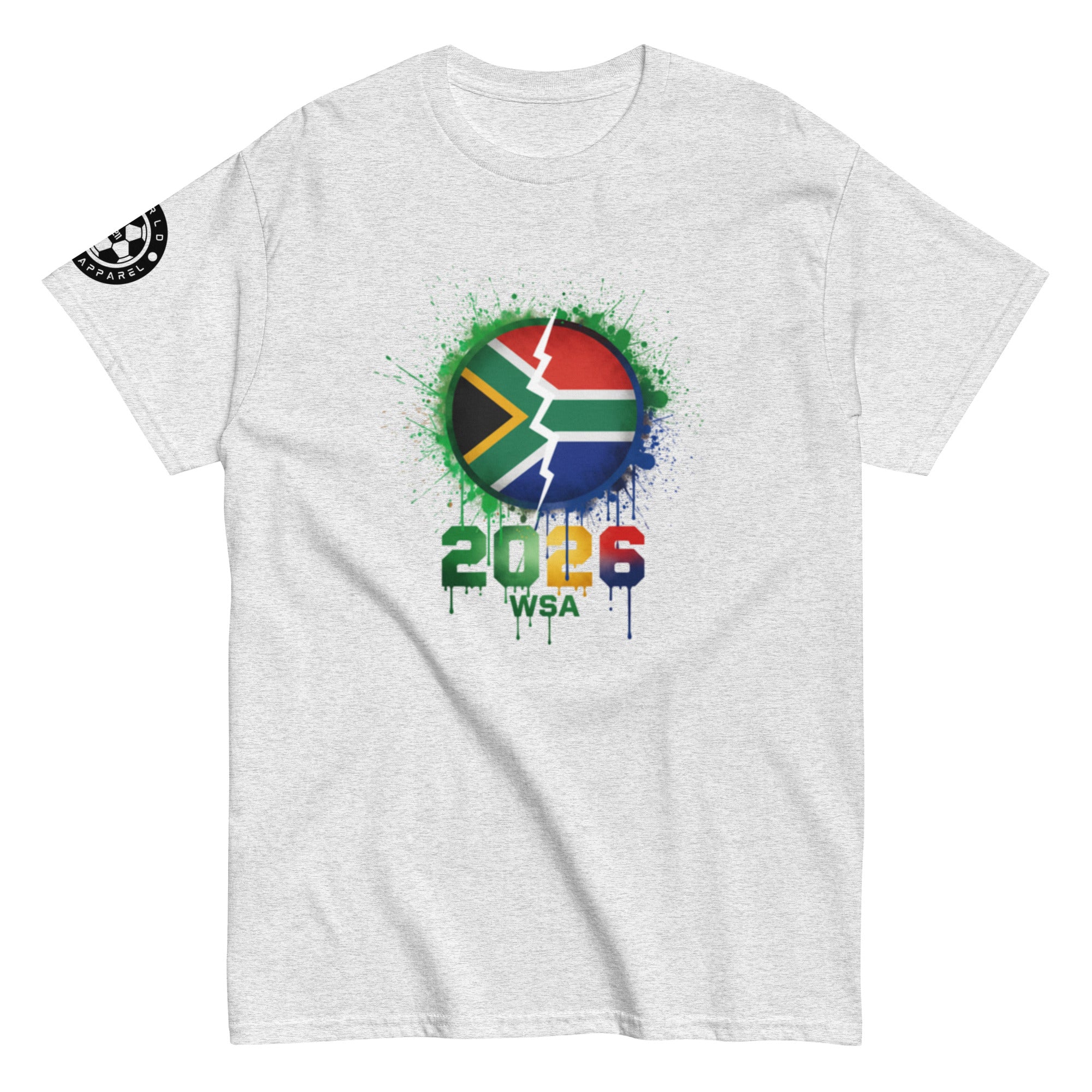 Gray t-shirt with a colorful graphic design featuring a broken circle and text on a white background