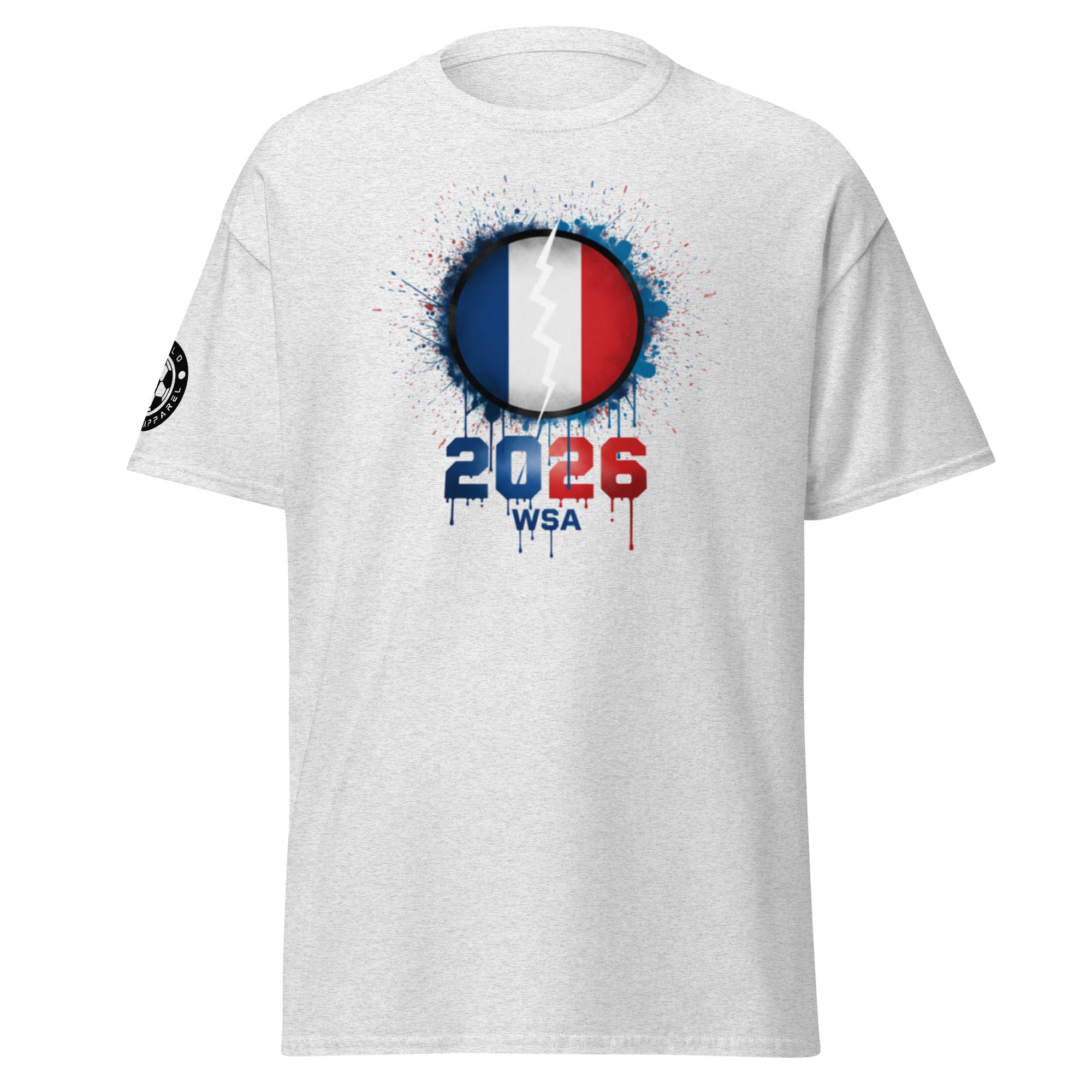 White t-shirt with a design featuring the number 2026 and text on a white background