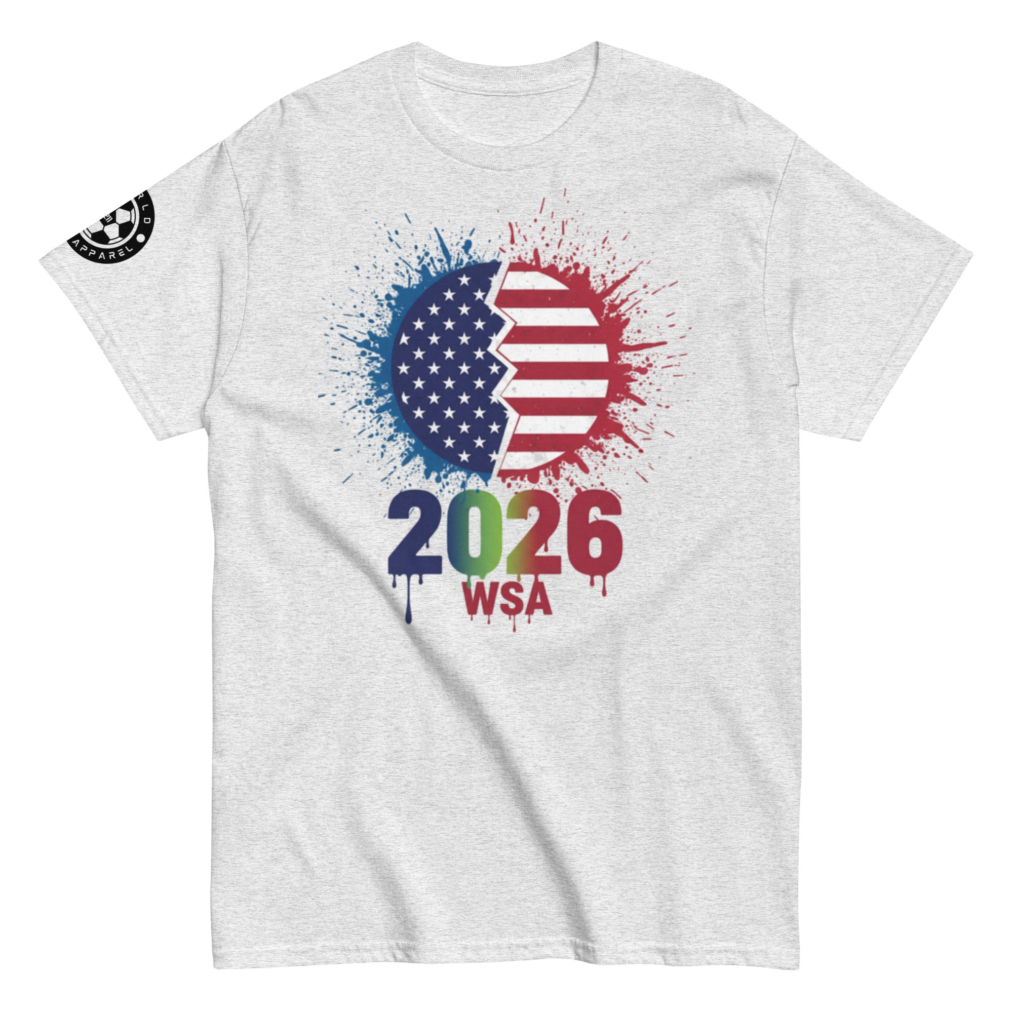 Gray t-shirt with a colorful graphic design featuring the year 2026 and letters WSA on a white background.