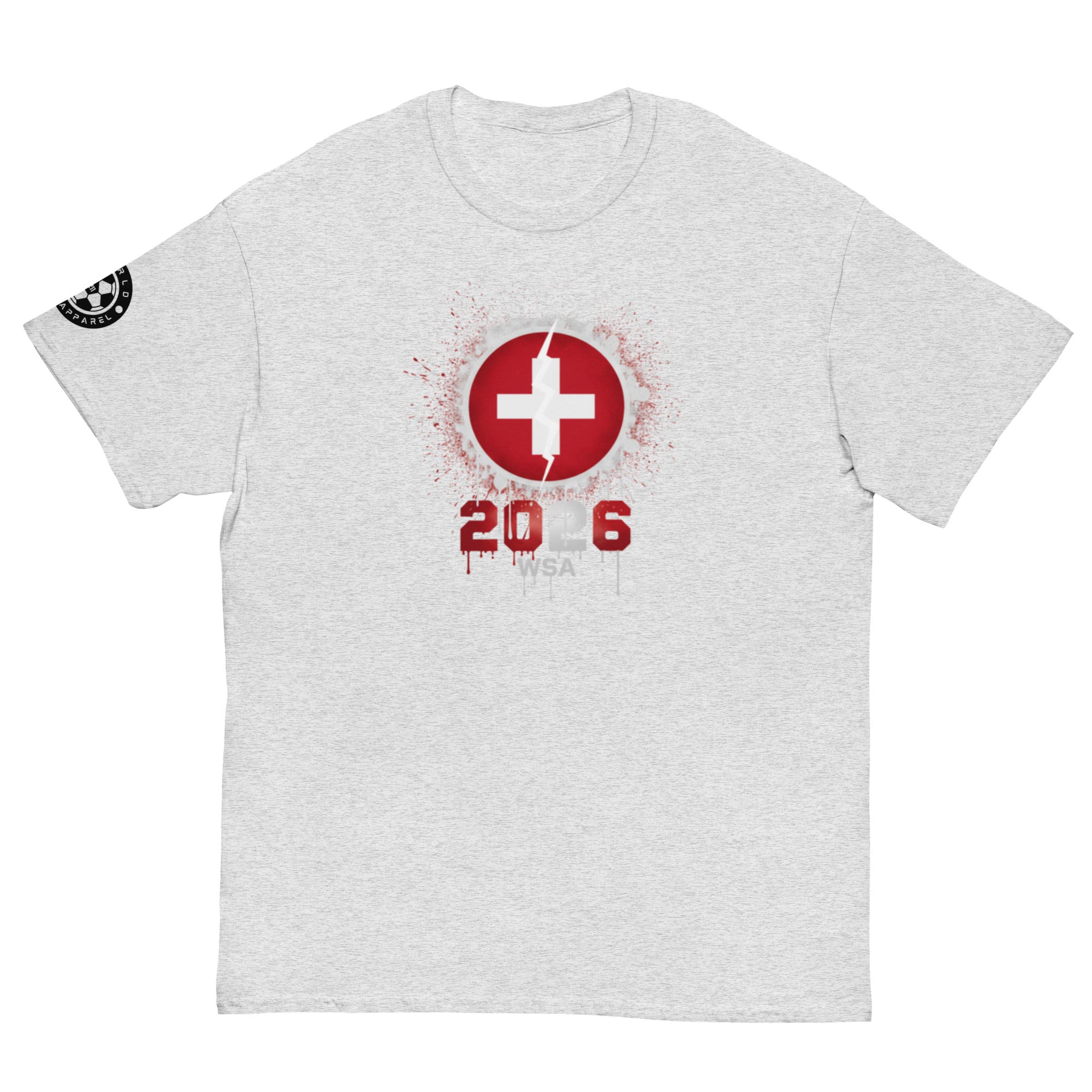 Gray t-shirt with a red and white graphic design on a white background