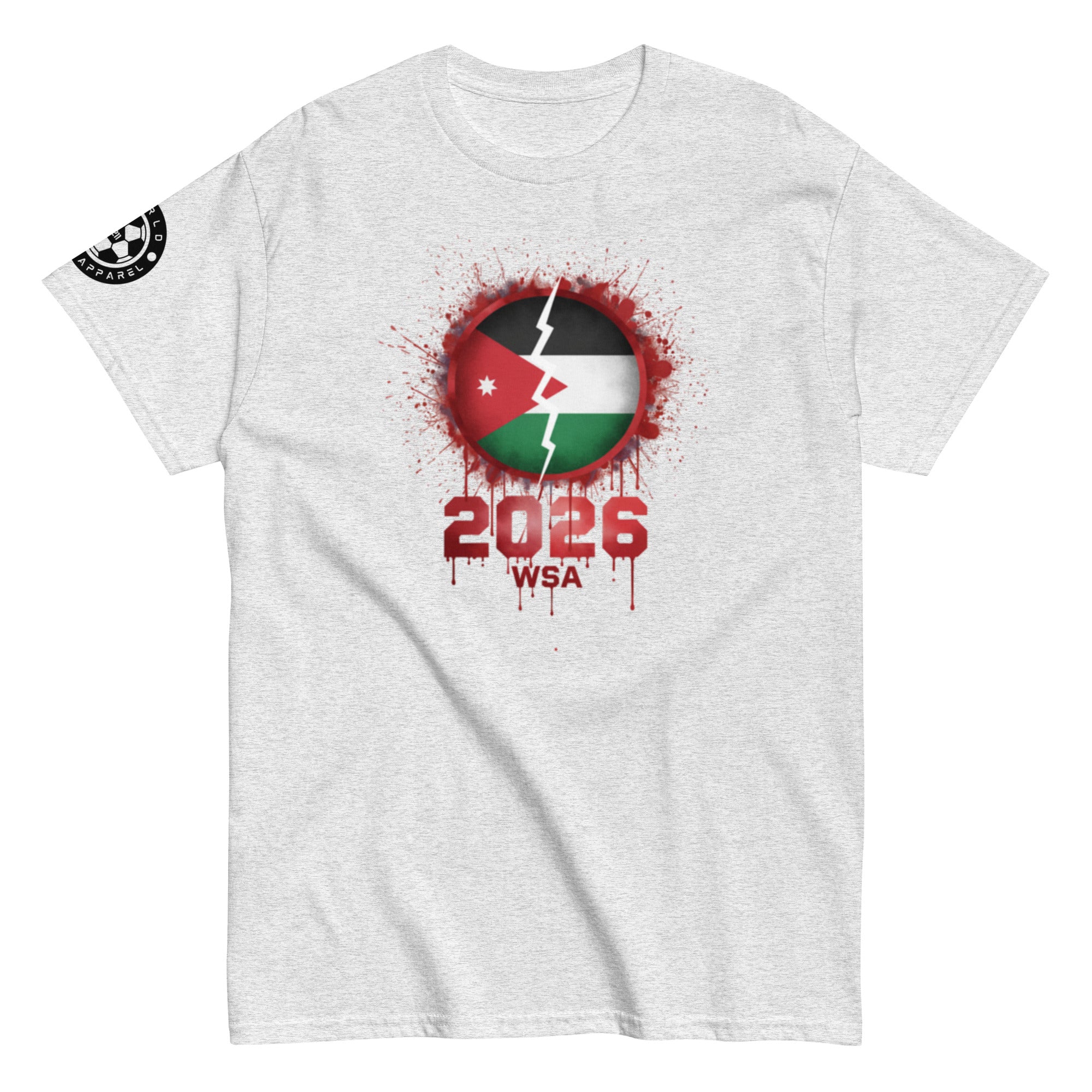 White t-shirt with a graphic design featuring a flag and text on a white background