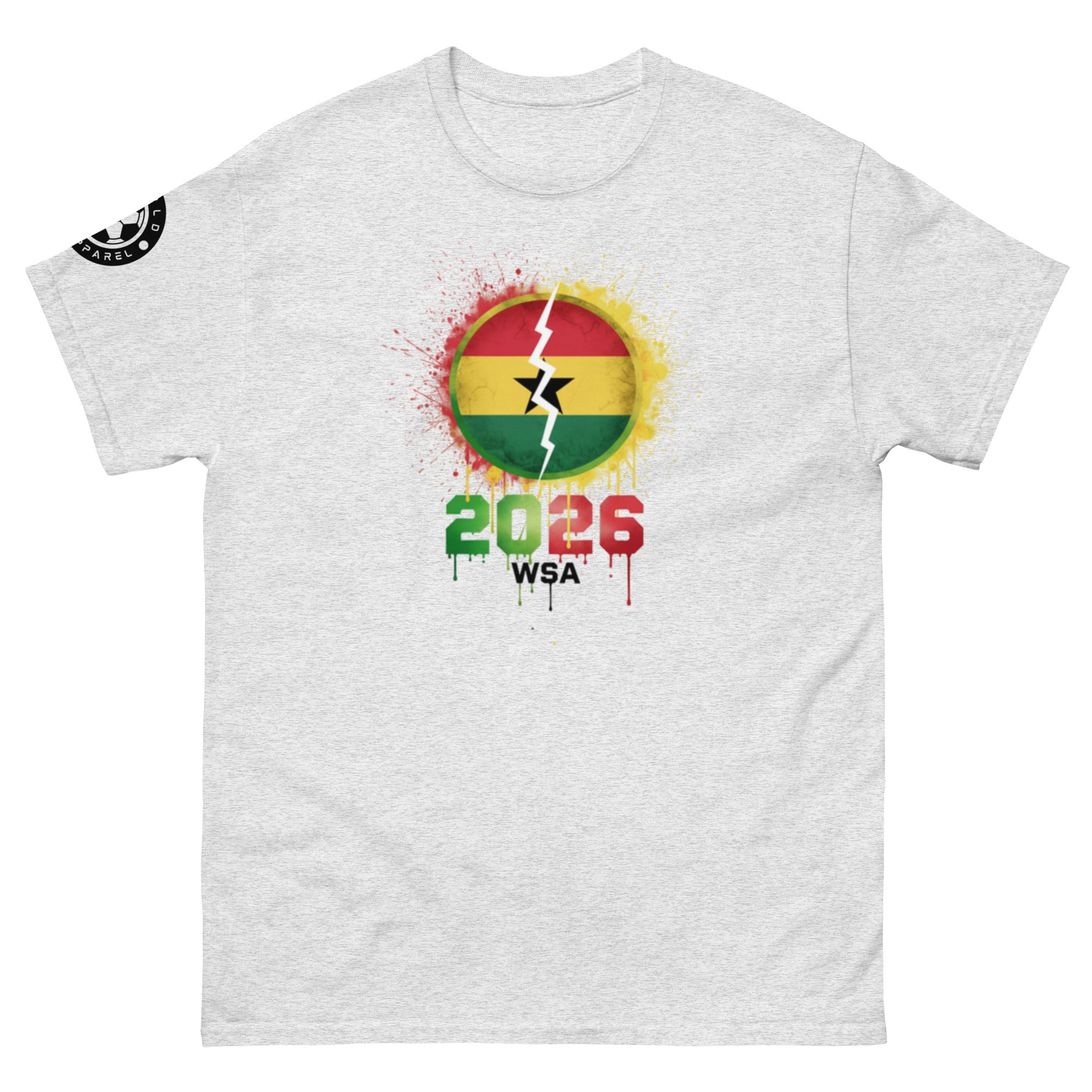 Gray t-shirt with a colorful graphic design featuring a flag and text on a white background