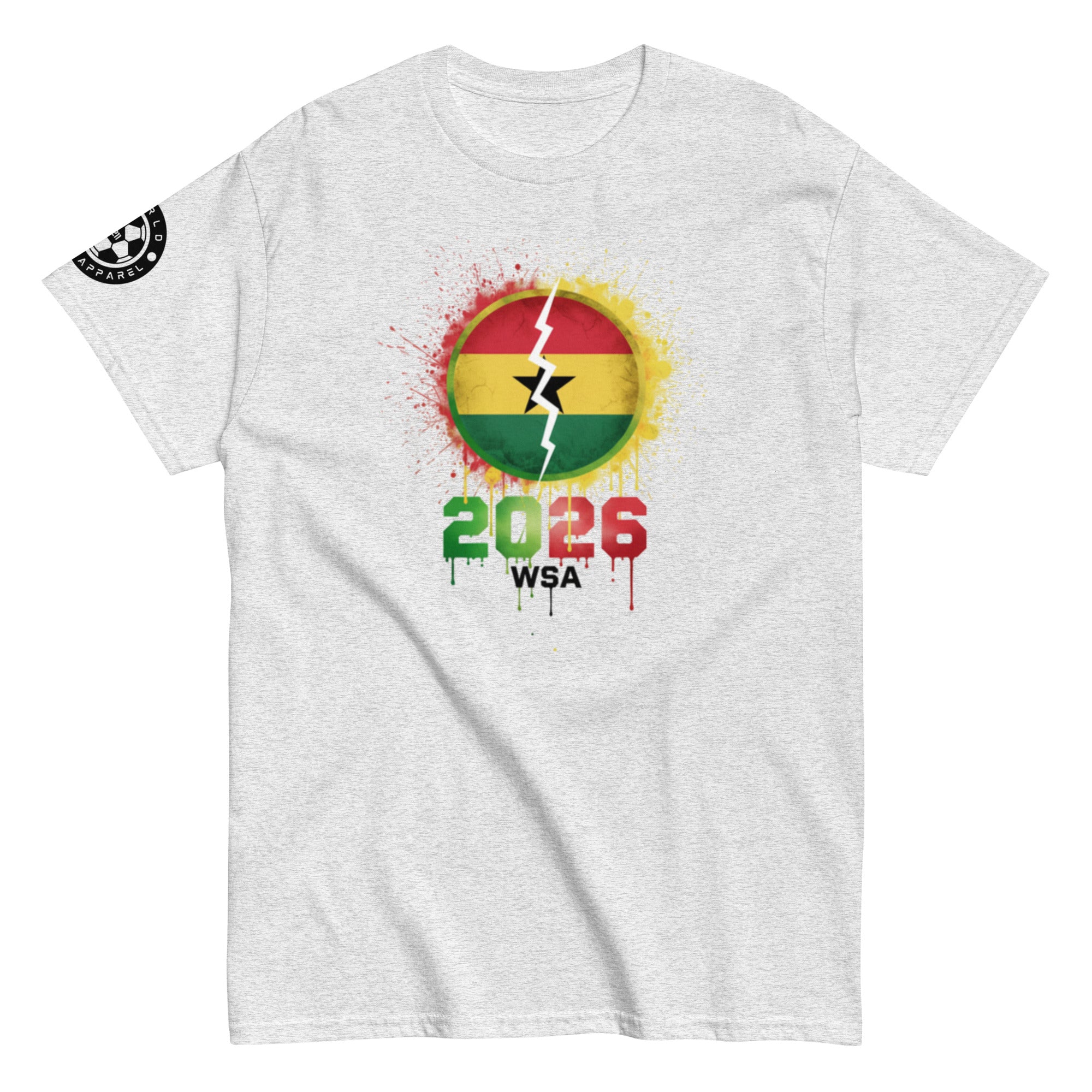 Gray t-shirt with a colorful graphic design featuring a star and text on a white background