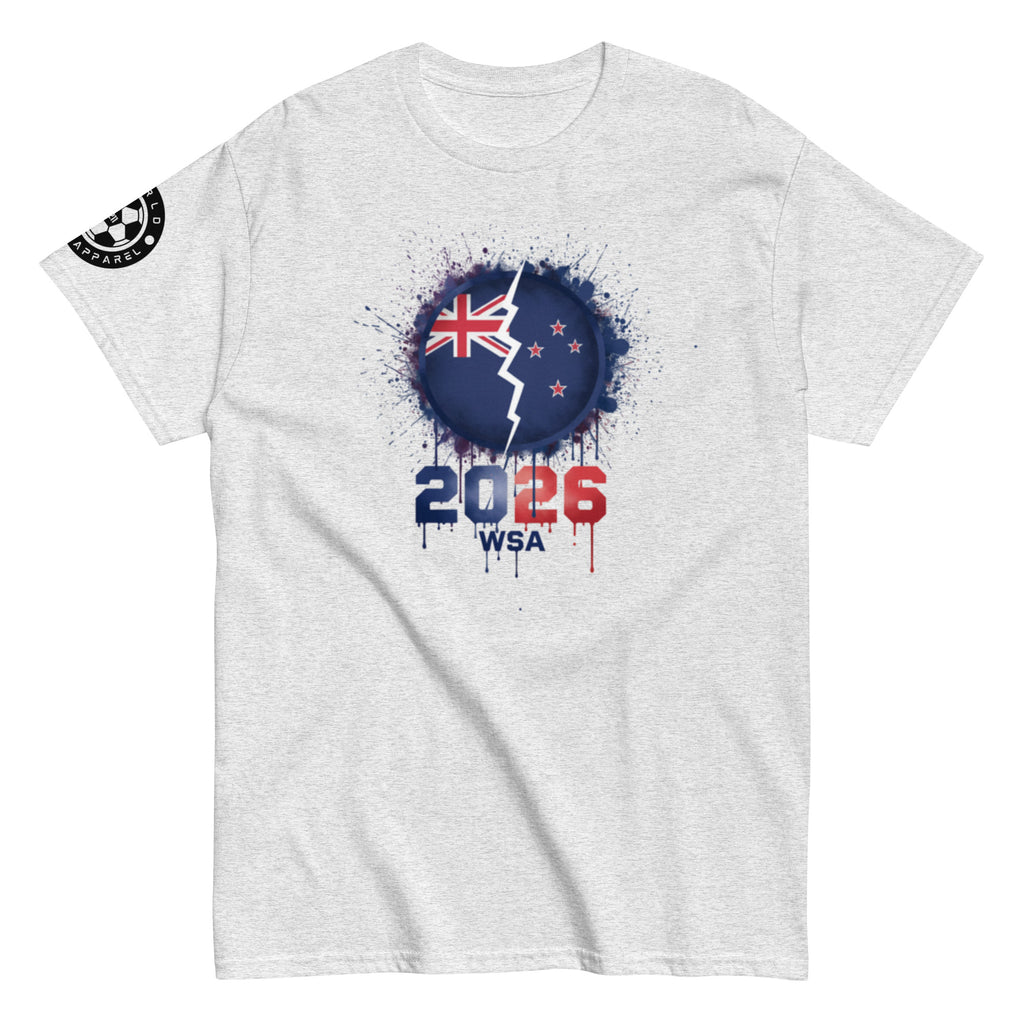 White t-shirt with a design featuring a blue circle with a star and text, on a white background.