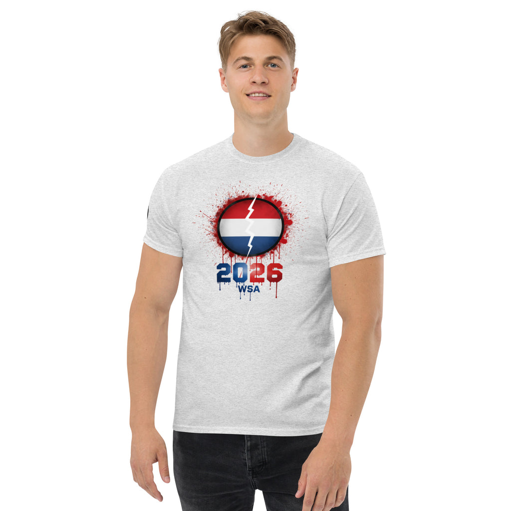Person wearing a white t-shirt with a design featuring '2026 WSA' on a white background