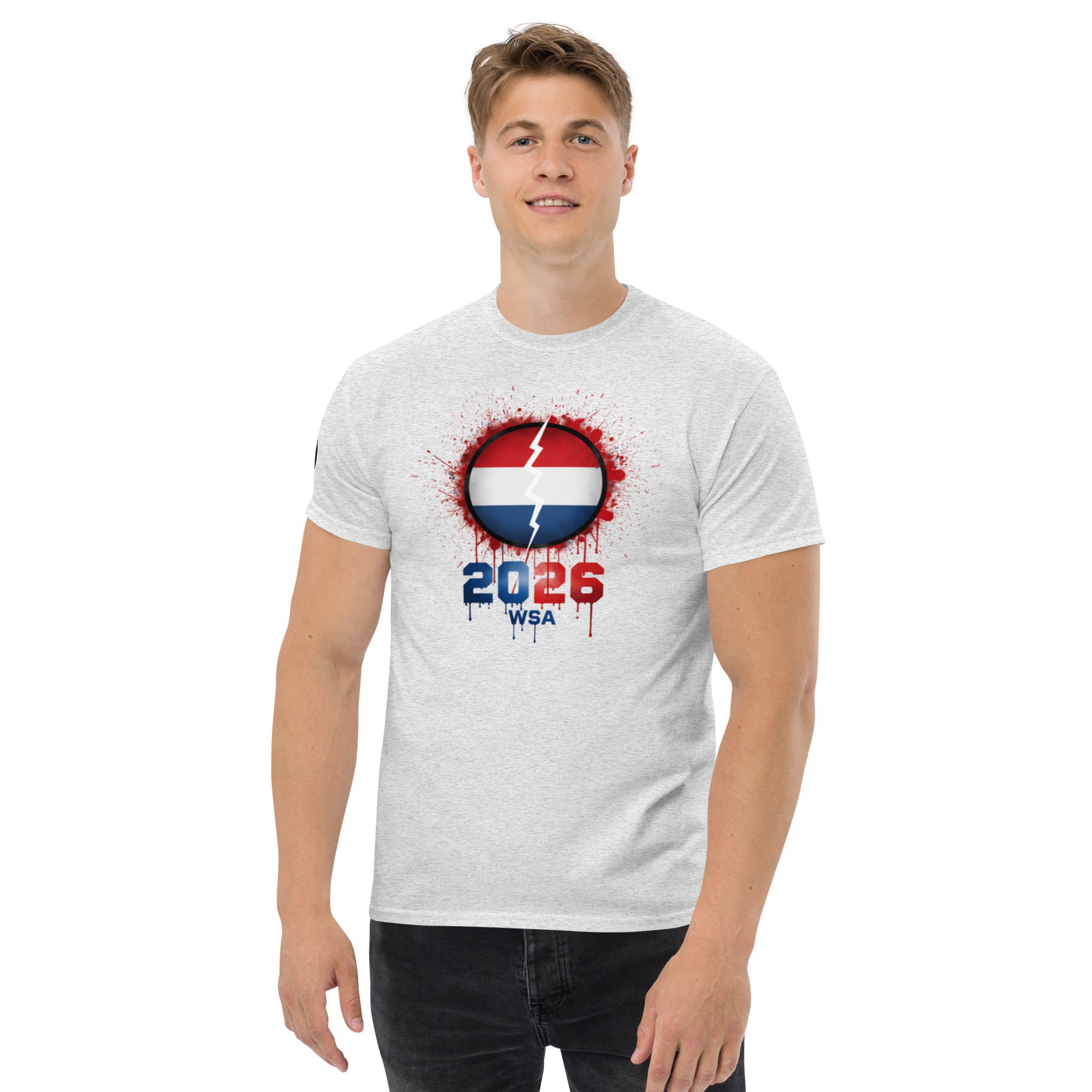 Person wearing a white t-shirt with a design featuring '2026 WSA' on a white background