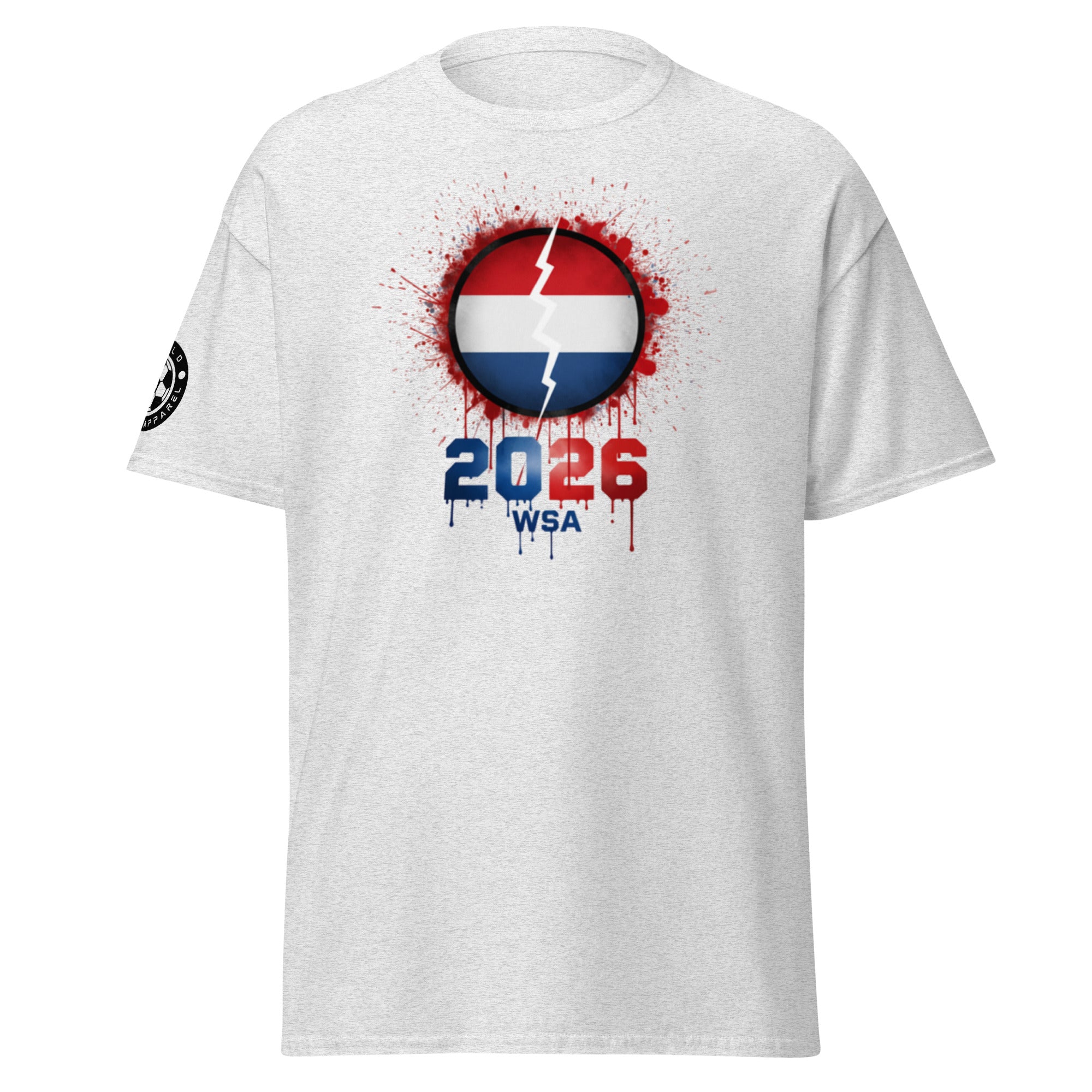 White t-shirt with a graphic design featuring a circle with colors and text on a white background