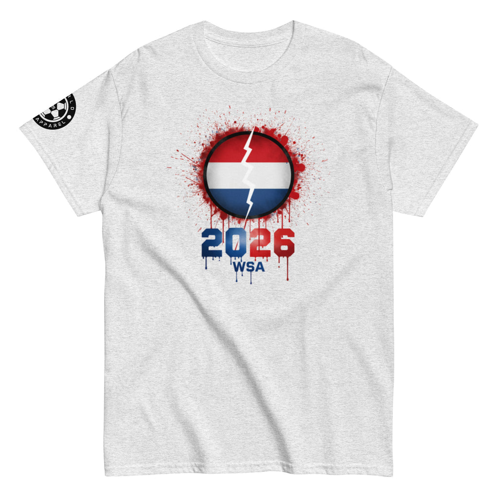 Gray t-shirt with a graphic design featuring a flag and text on a white background