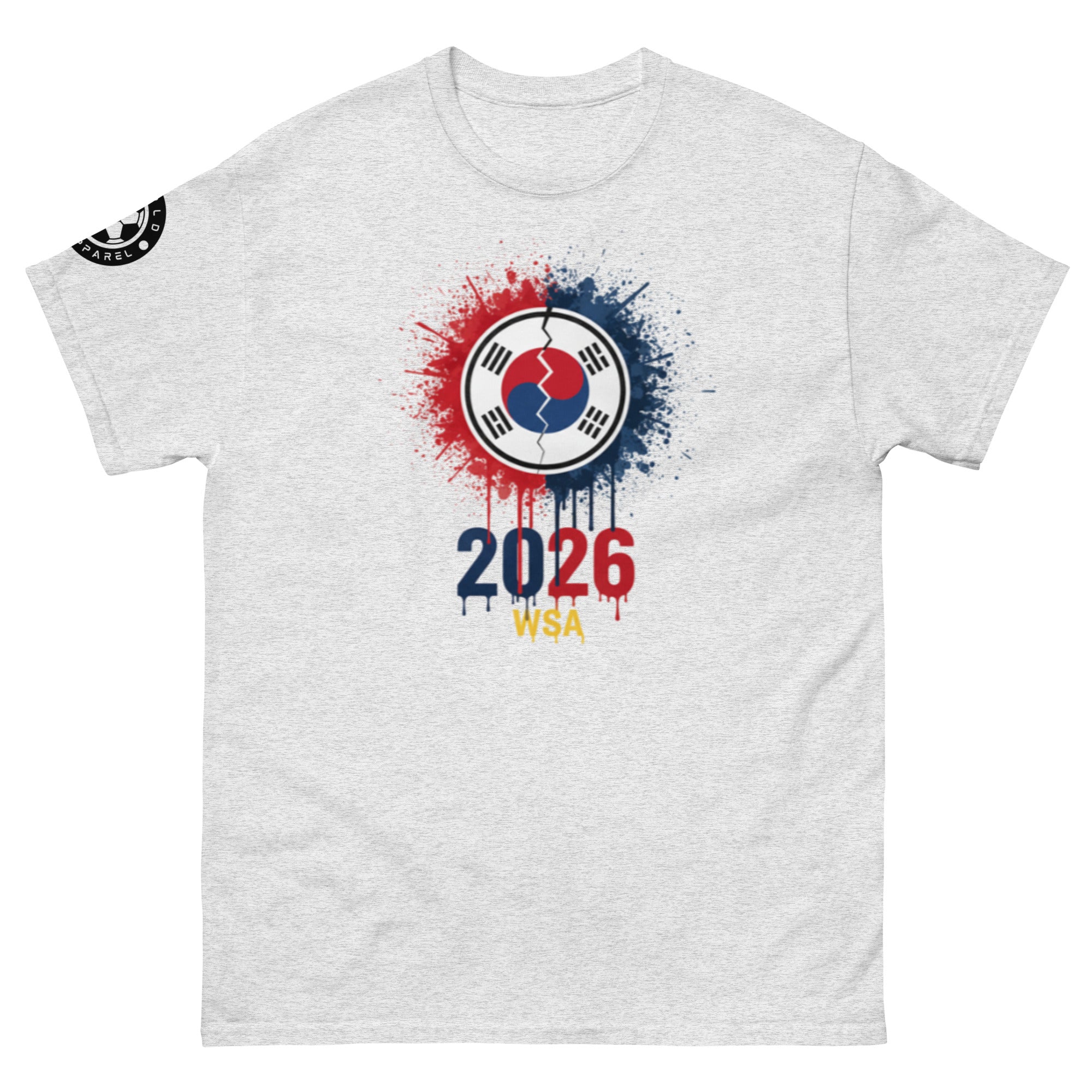 Gray t-shirt with a graphic design featuring a flag and '2026 WSA' text on a white background