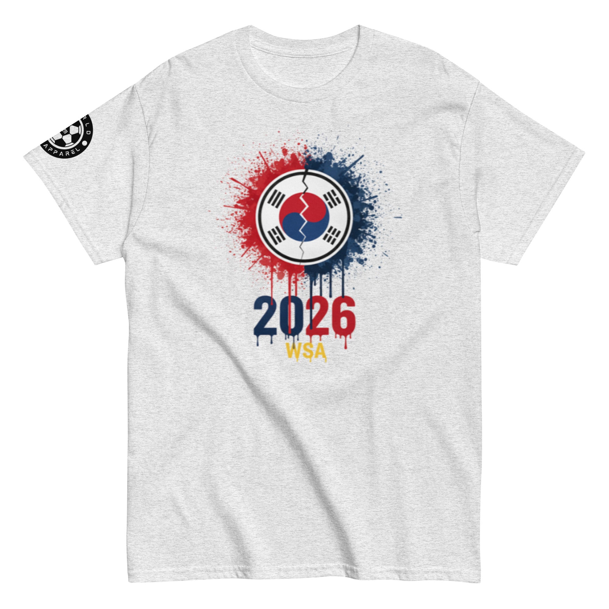 Gray t-shirt with a colorful graphic design featuring the year 2026 and text on a white background