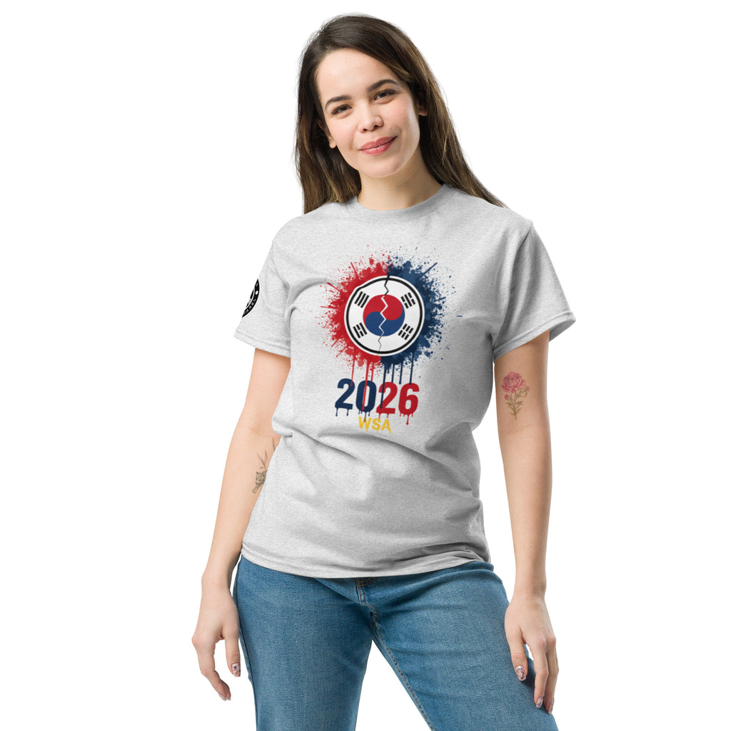 Woman wearing a white t-shirt with a colorful design and '2026' text on a white background