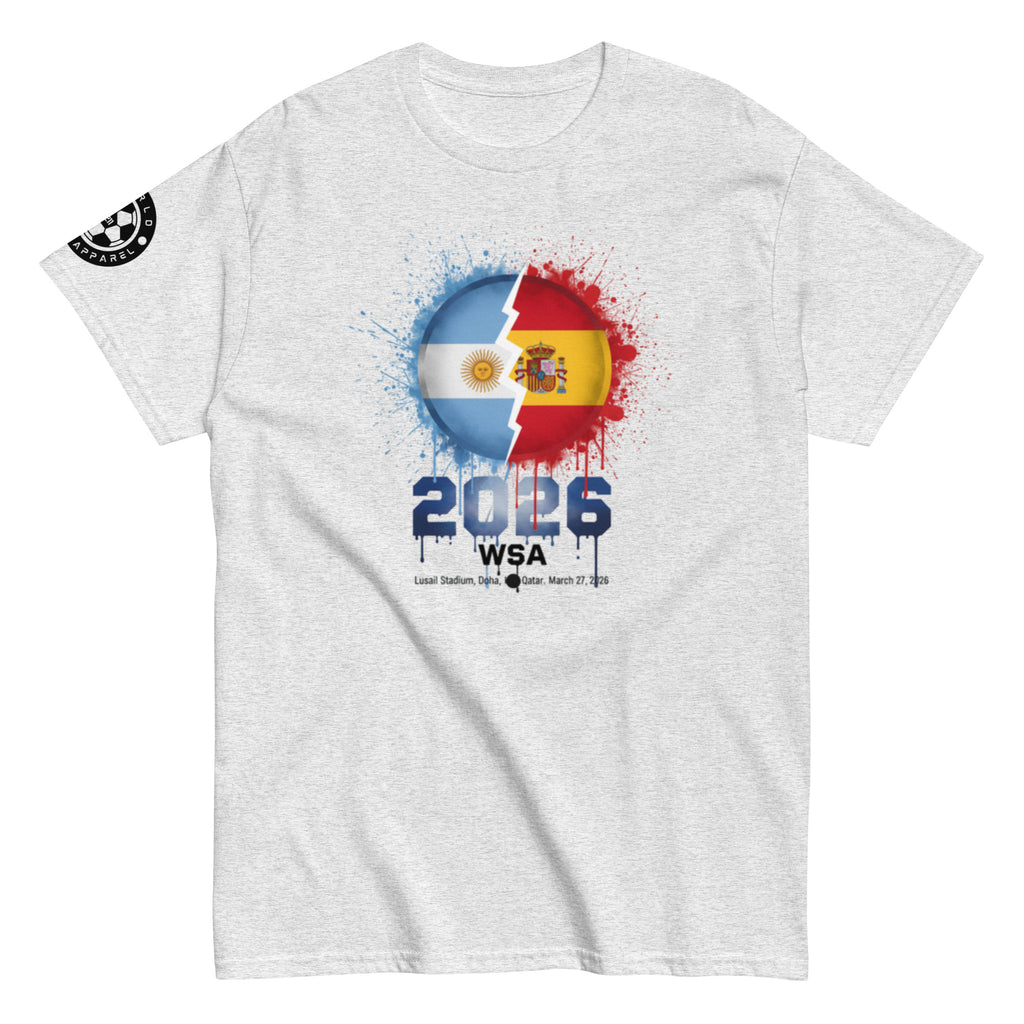 Gray t-shirt with a colorful graphic design featuring flags and the year 2026 on a white background.