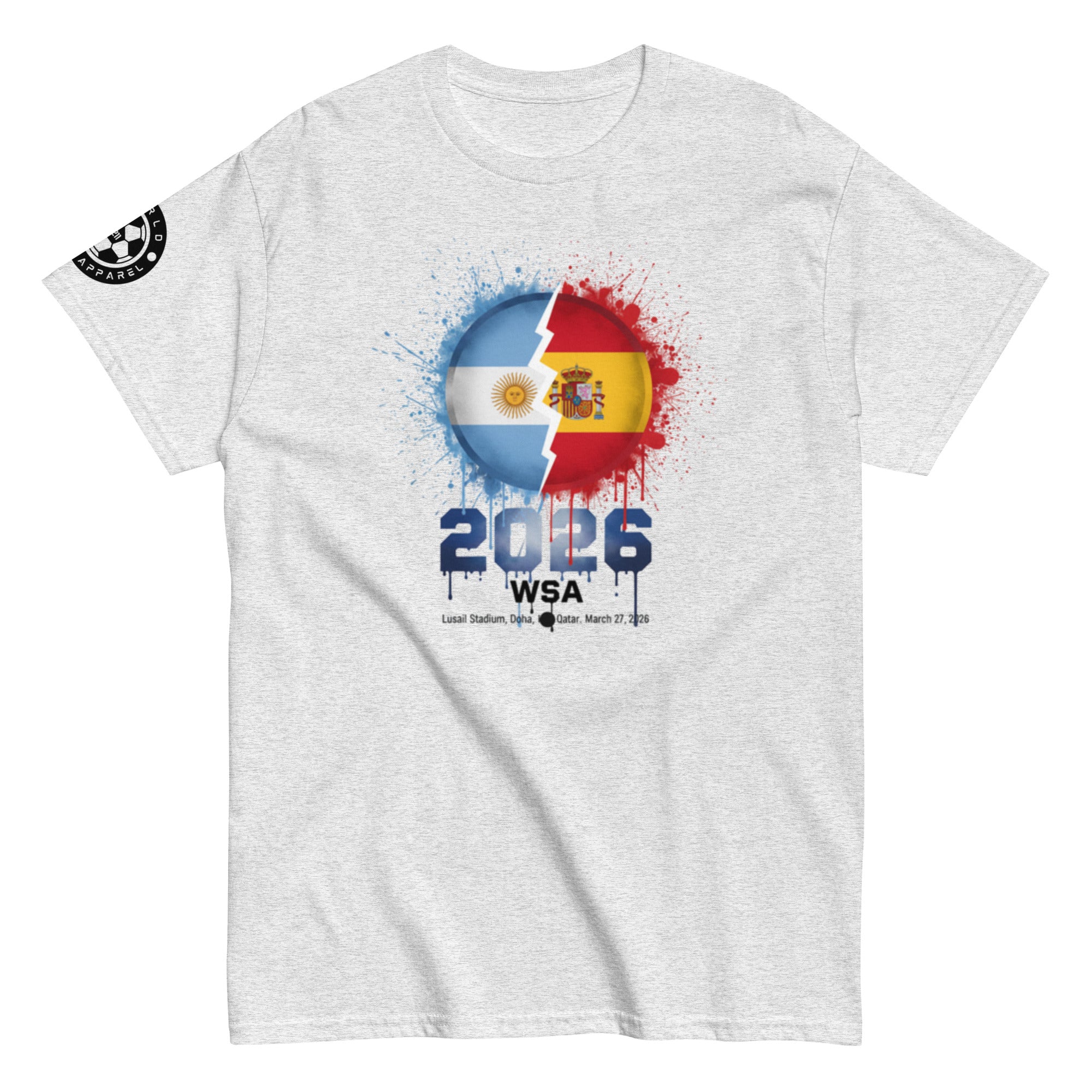 Gray t-shirt with a colorful graphic design featuring flags and the year 2026 on a white background.
