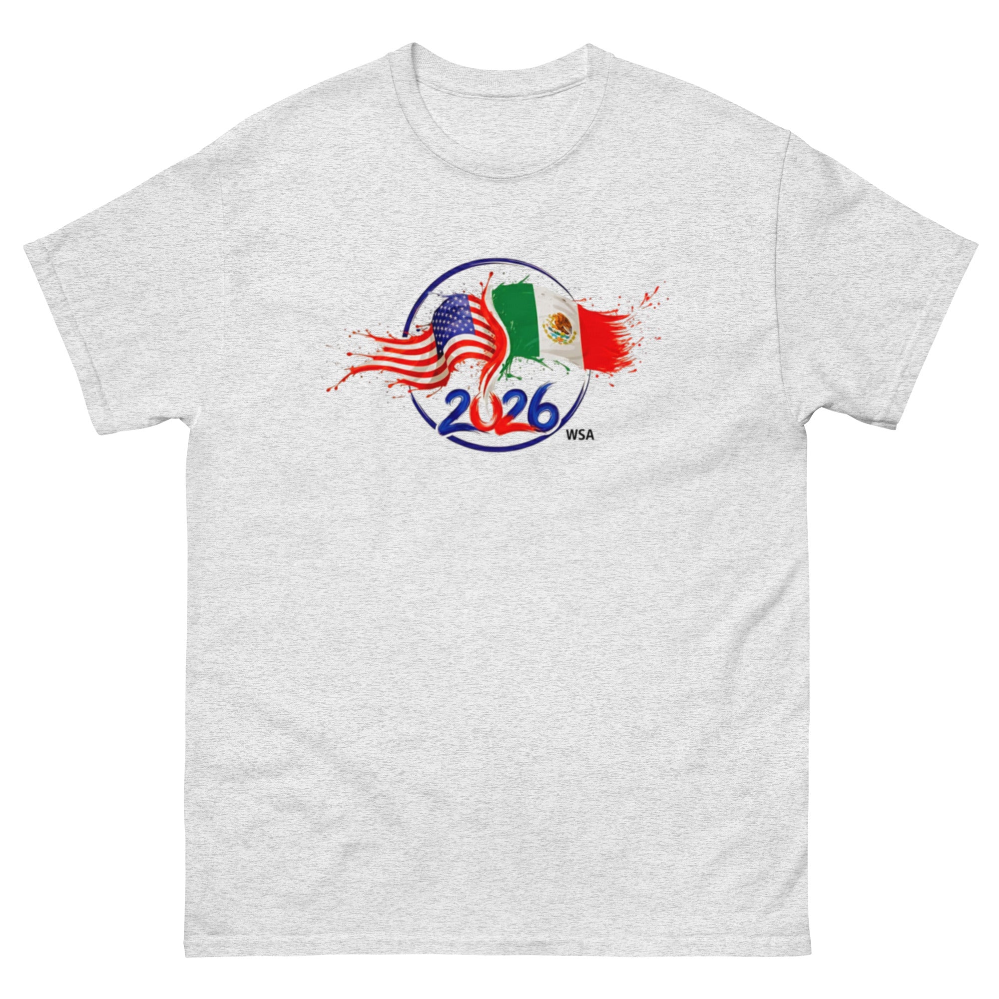 Gray t-shirt with 2026 FIFA World Cup logo featuring American and Mexican flags on a white background