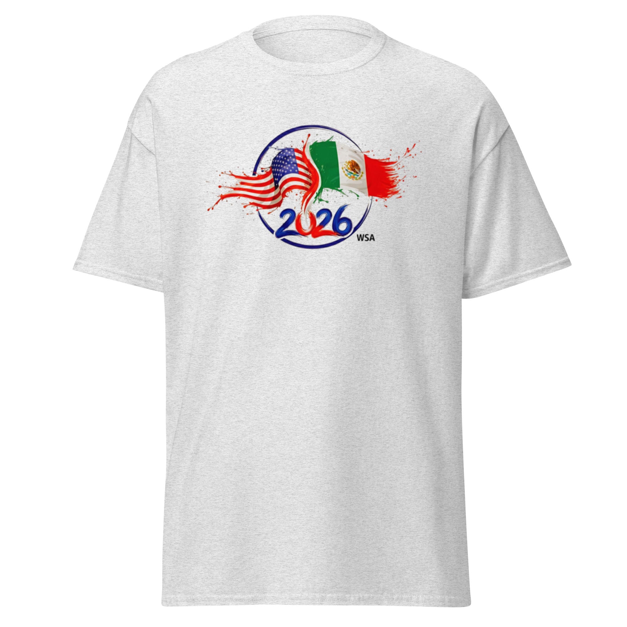 White t-shirt with 2026 FIFA World Cup logo featuring American and Mexican flags on a white background