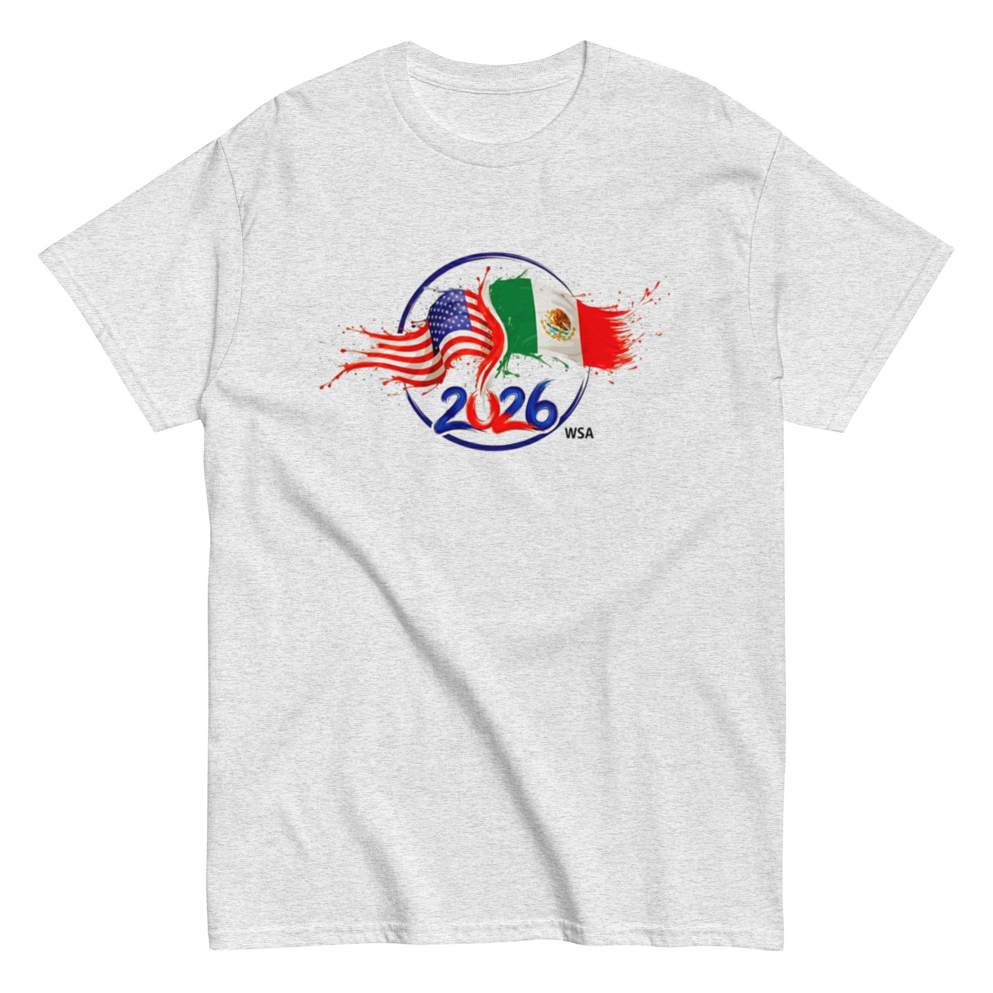 White t-shirt with 2026 WSA logo featuring American and Mexican flags on a white background
